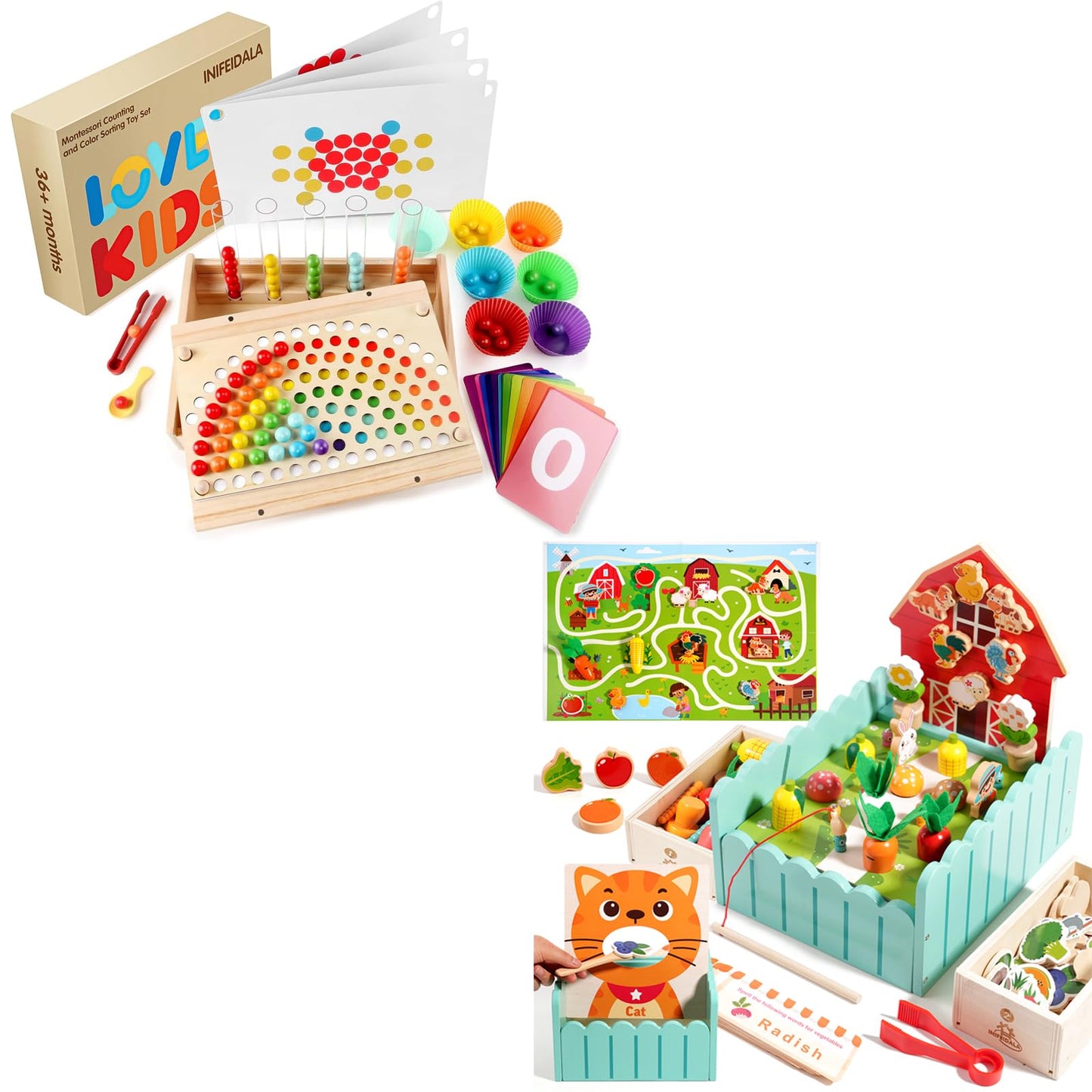 Wooden Peg Board Bead Game-Montessori Wooden Farm Sensory Toddler Toys