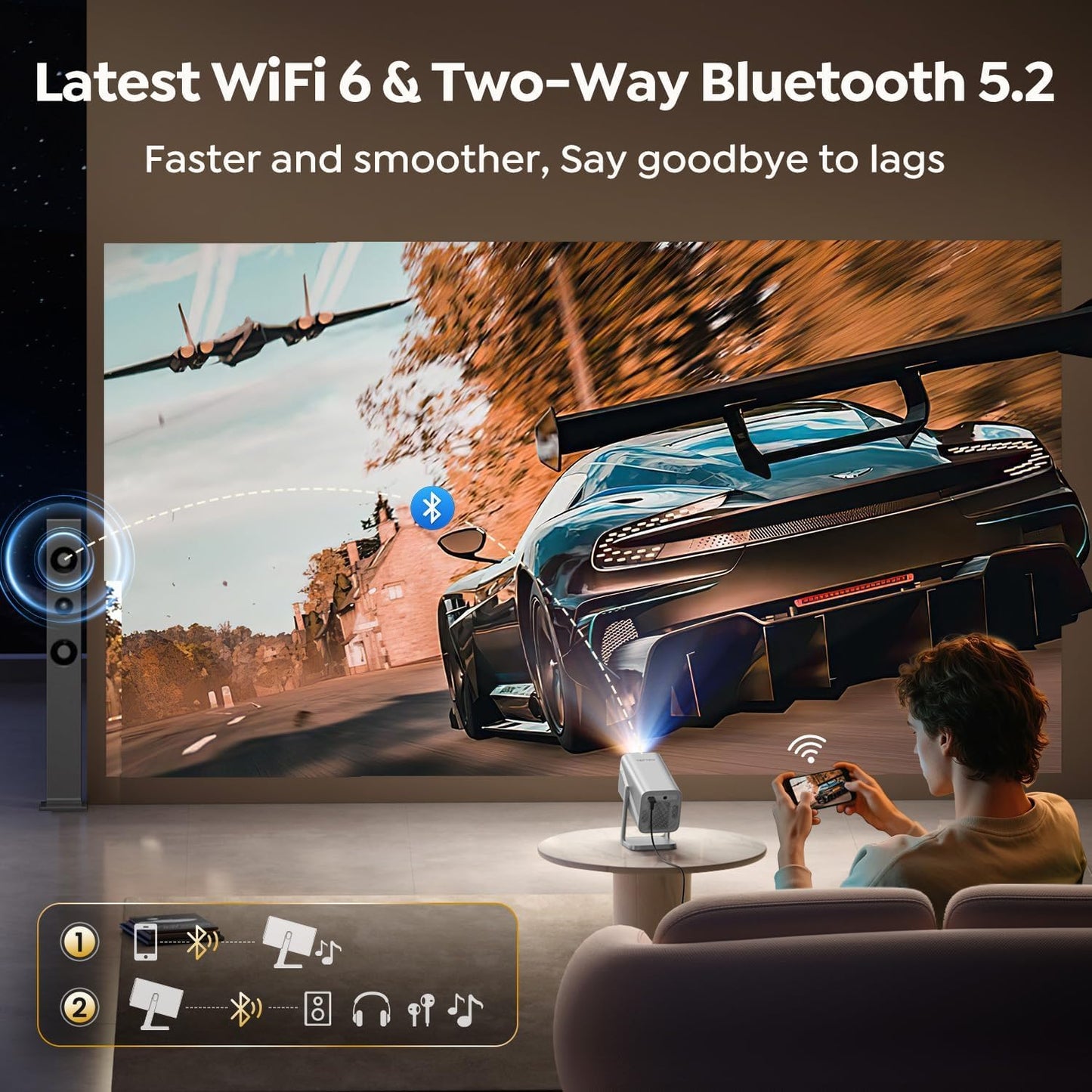 [4K Support/Auto Focus/360°Adjustable Stand]Smart-Projector-4K with WiFi 6 and Bluetooth5.2, Native 1080P Mini Portable Projector, Dolby Audio, TOPTRO Outdoor Movie Proyector Compatible with Netflix