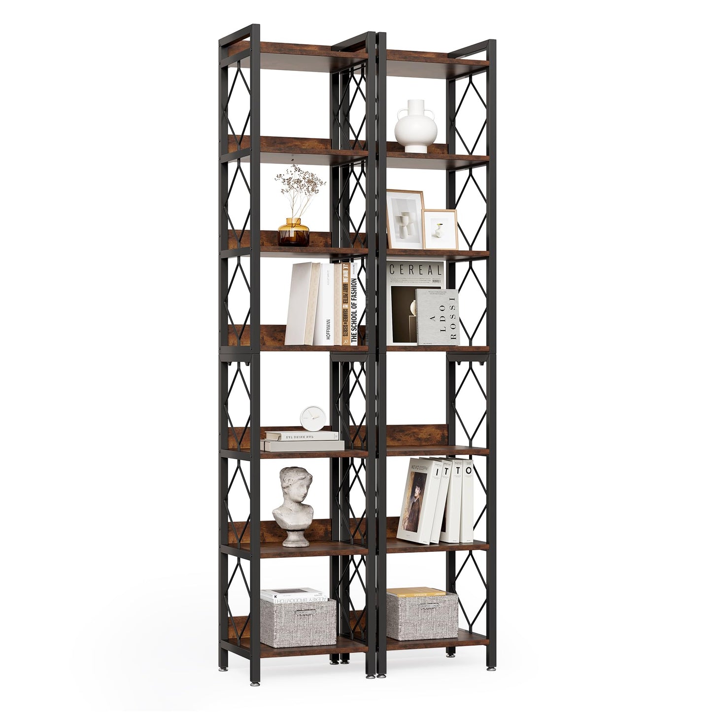 LITTLE TREE Book Shelf Set of 2, 7-Tier Tall Bookcase, Wooden Display Shelves with Metal Frame for Living Room, Modern Narrow Standing Bookshelves for Bedroom, Brown Office Shelf for Small Spaces