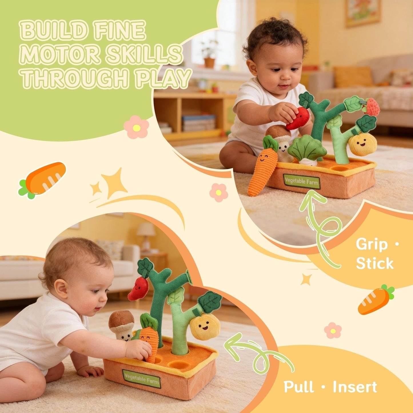 Baby Sensory Toys Plush Fruits and Vegetables, Plush Farm Developmental Toys 6-12 Months for Toddlers with Crinkle Rattle Squeaker Textures, 9 PCS Pull Out Fine Motor Skill Toddler Learning Toys