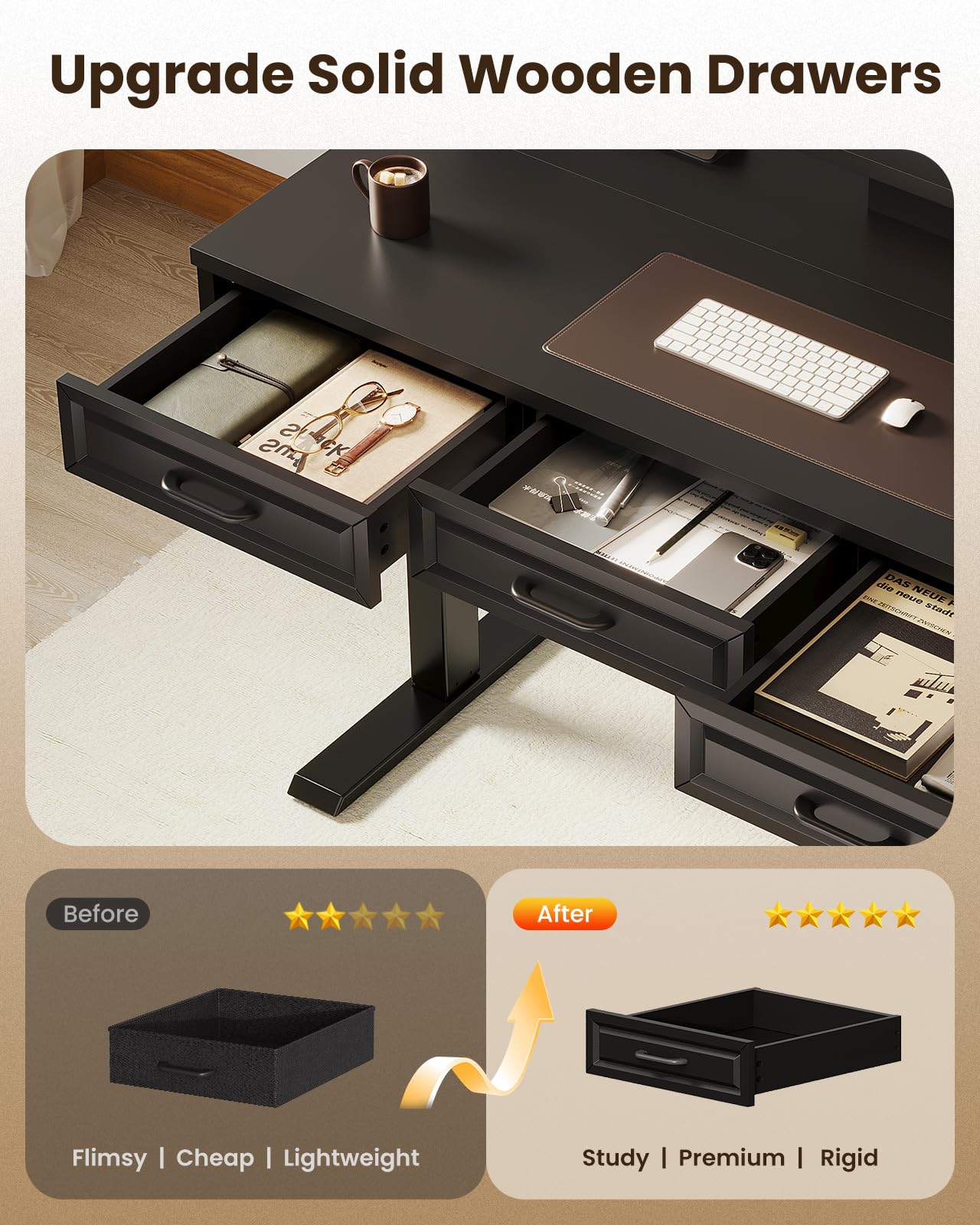 OffiGo Electric Standing Desk with 3 Wooden Drawers, 48 Inch Height Adjustable Desk with Power Outlets & LED Lights, Black Sit Stand Table with Monitor Stand for Home, Office, Workstation