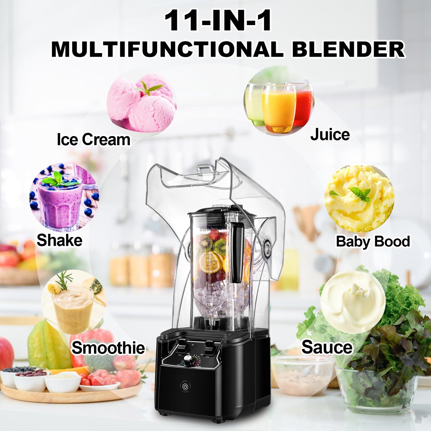 Commercial Blender for Smoothies With Quiet Shield, 2.5HP Motor, Stainless Steel Blade, 80oz Pitcher for Shakes, Smoothies, Ice Crushing, Frozen Drinks, 15 Speeds, Self-Cleaning, Black