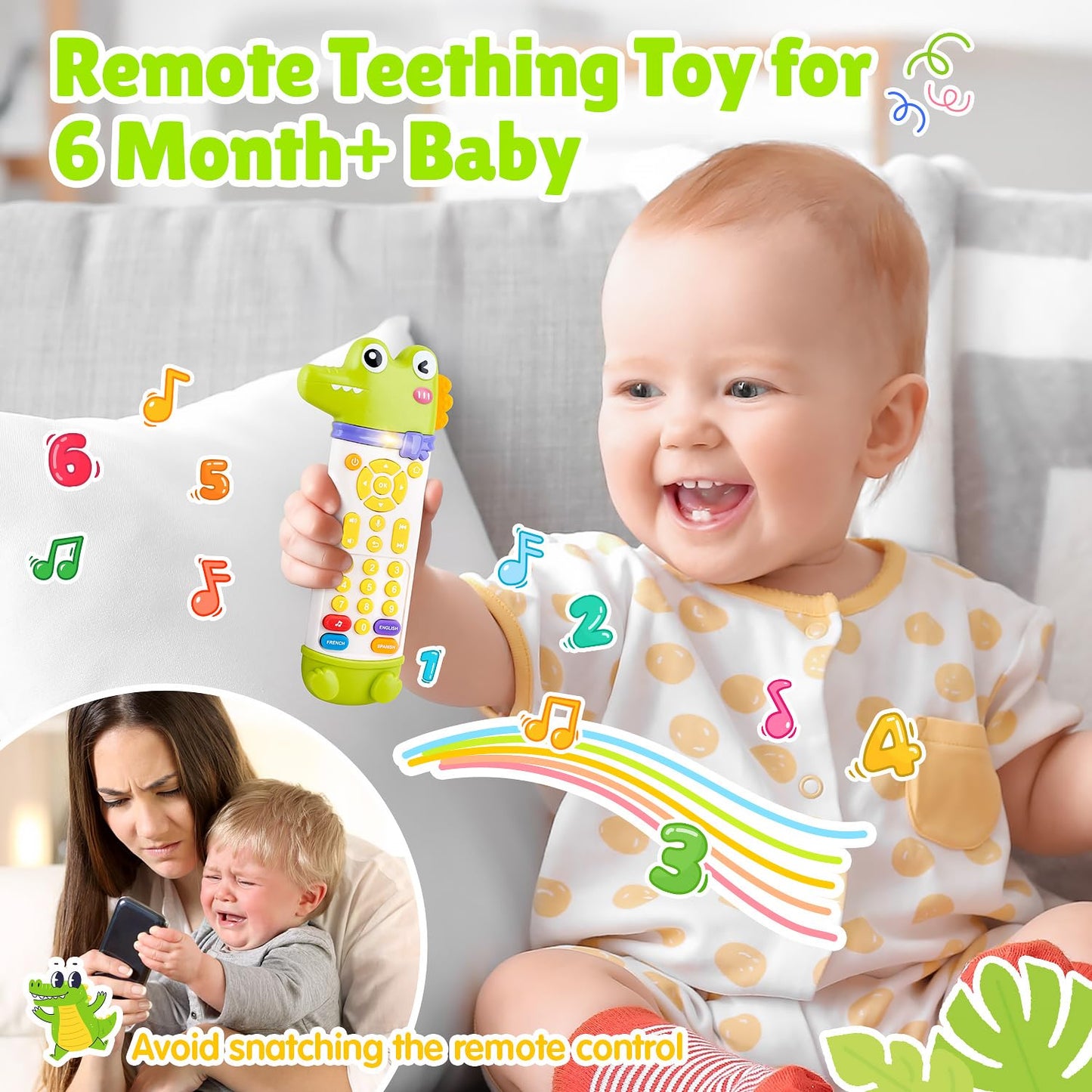WeeHomm Baby Remote Control Toy, TV Remote Toy for Baby with Realistic Light and Sounds - 3 Languages (English, Spanish & French), Baby Musical Toys Gifts for Boys Girl 6 Month+