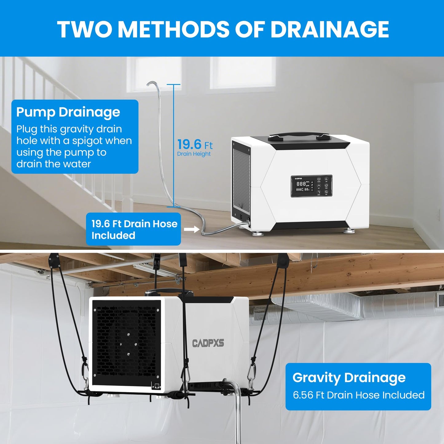 CADPXS Crawl Space Dehumidifier with Pump and Drain Hose, 80 Pint Crawlspace Dehumidifier for Commercial, Basement, Water Damage Use, Auto Defrost, Memory Start, cETL Certified, Up to 1000 Sq Ft