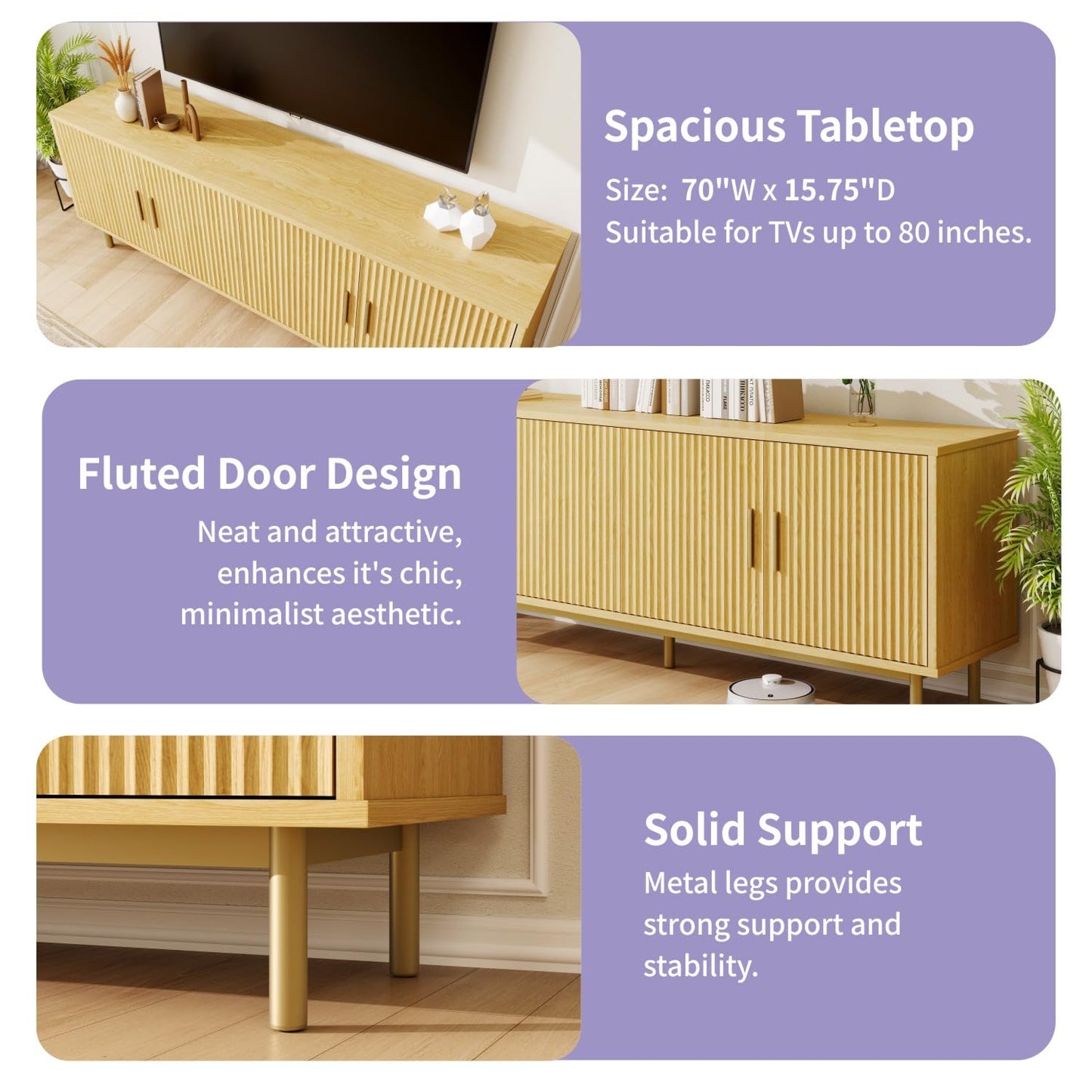 Vipbear 70 Inch TV Stand, Modern TV Stands for Living Room, TV Console Cabinet with Storage & Adjustable Shelves, Entertainment Center for TVs Up to 80 inches, Natural Oak TV Stands