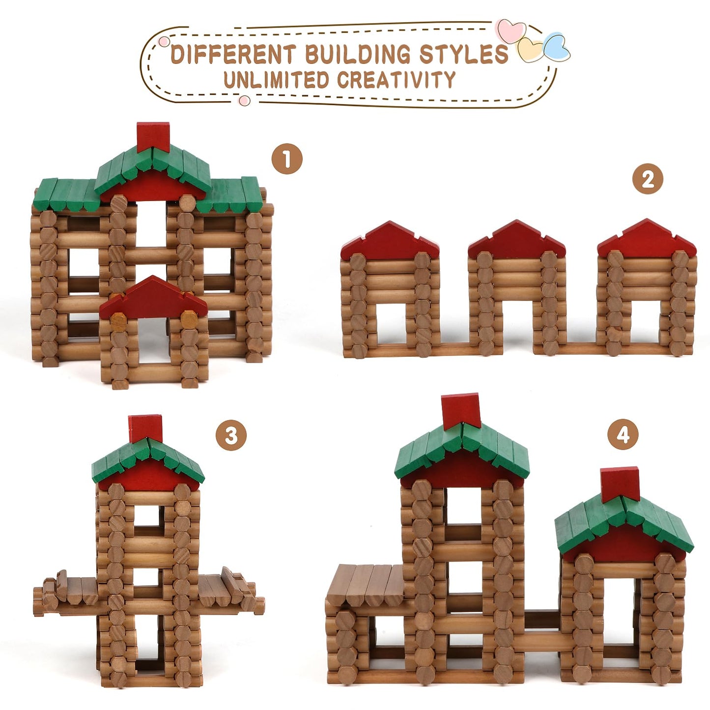 Wondertoys 208 Pcs Wooden Log Set - Classic Building Logs Ages 3+ - Best Retro Building Gift Set for Boys - Creative Construction Engineering Educational Gifts