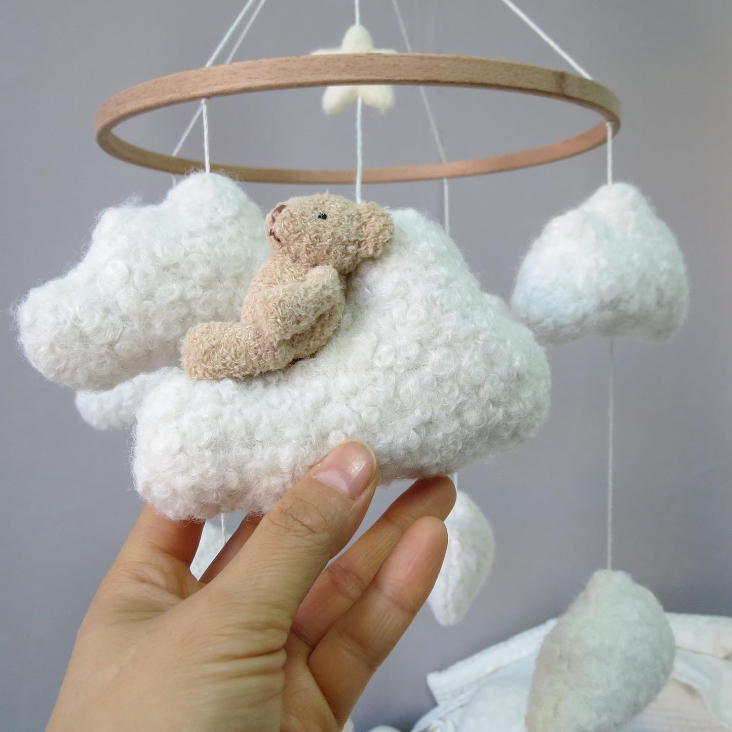 Soft Cloud & Bear Baby Mobile for Crib | Neutral Nursery Mobiles for Baby Crib Mobile for Girls & Boys | Wooden Hanging Crib Toys | Mobile for Bassinet Decor