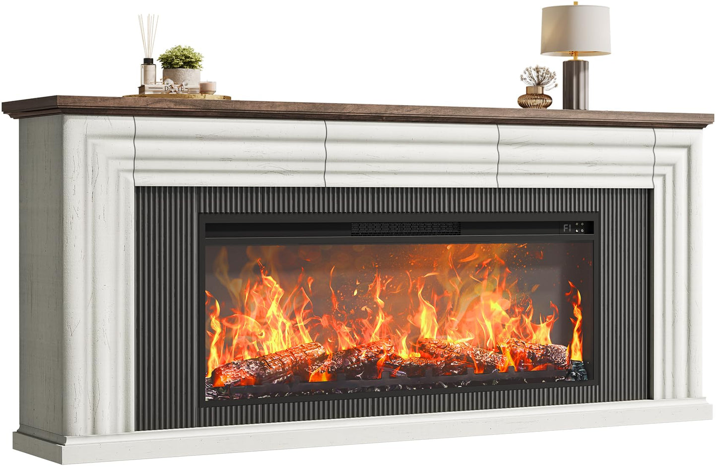 PRAISUN 70'' Fireplace TV Stand with 42'' Electric Fireplace, Farmhouse TV Stand for 65 75 Inch TV, Entertainment Center TV Console with 3 Drawers, Fluted Design, for Living Room, Distressed White