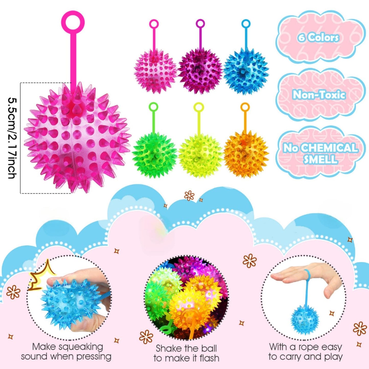 Sotiff 60 Pcs Light up Ball Spiky LED Bouncy Ball Flashing Squeaky Multicolor Puffer Toy Rubber Sensory Toy Carnival Prizes Bulk Party Favors for Teens, Adults, Children