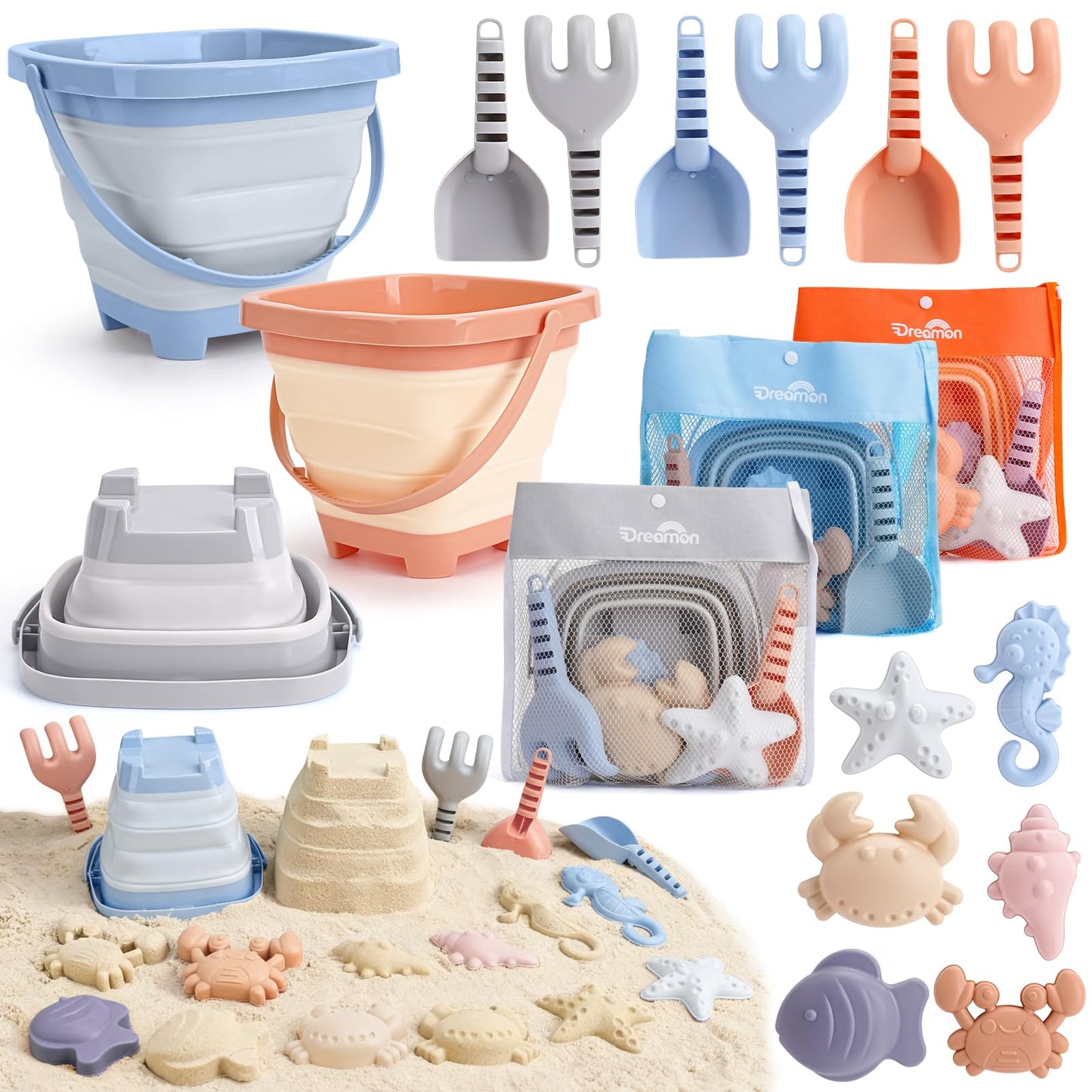 Dreamon 3 Pack Beach Toys Set for Kids 3-10, Collapsible Sand Buckets with Beach Molds and Mesh Bag, Sandbox Travel Toys Beach Vacation Essentials, Camping Gear, Fishing (Blue/Grey/Orange)