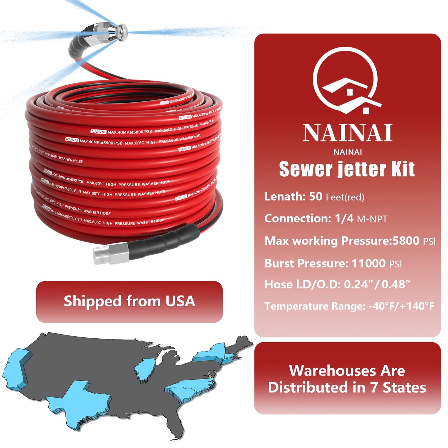 NaiNai 50FT Sewer Jetter Kit for Pressure Washer,1/4 Inch NPT Sewer Jetting Hose,Pressure Washer Drain Cleaner Hose 5800PSI with Sewer Jetter Nozzles, Gloves, Waterproof Tape, Apron (50FT)