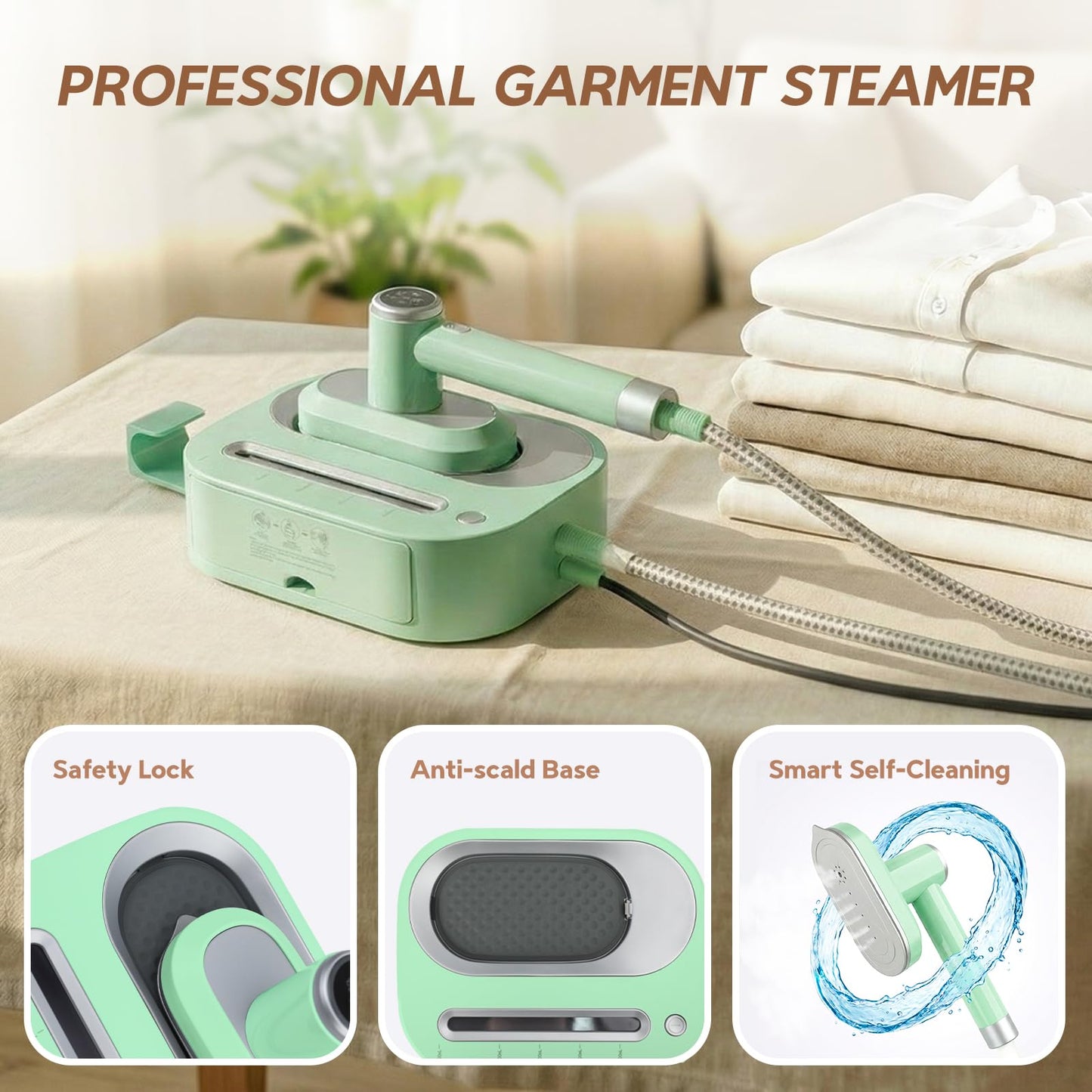 WellMall 2 In 1 Steamer for Clothes: 1550W Powerful Steamer with 1100ml Detachable Tank, 30s Fast Heat-Up, Horizontal & Vertical Use, Portable Wrinkle Remover for Clothes Drapes Bedding (Green)