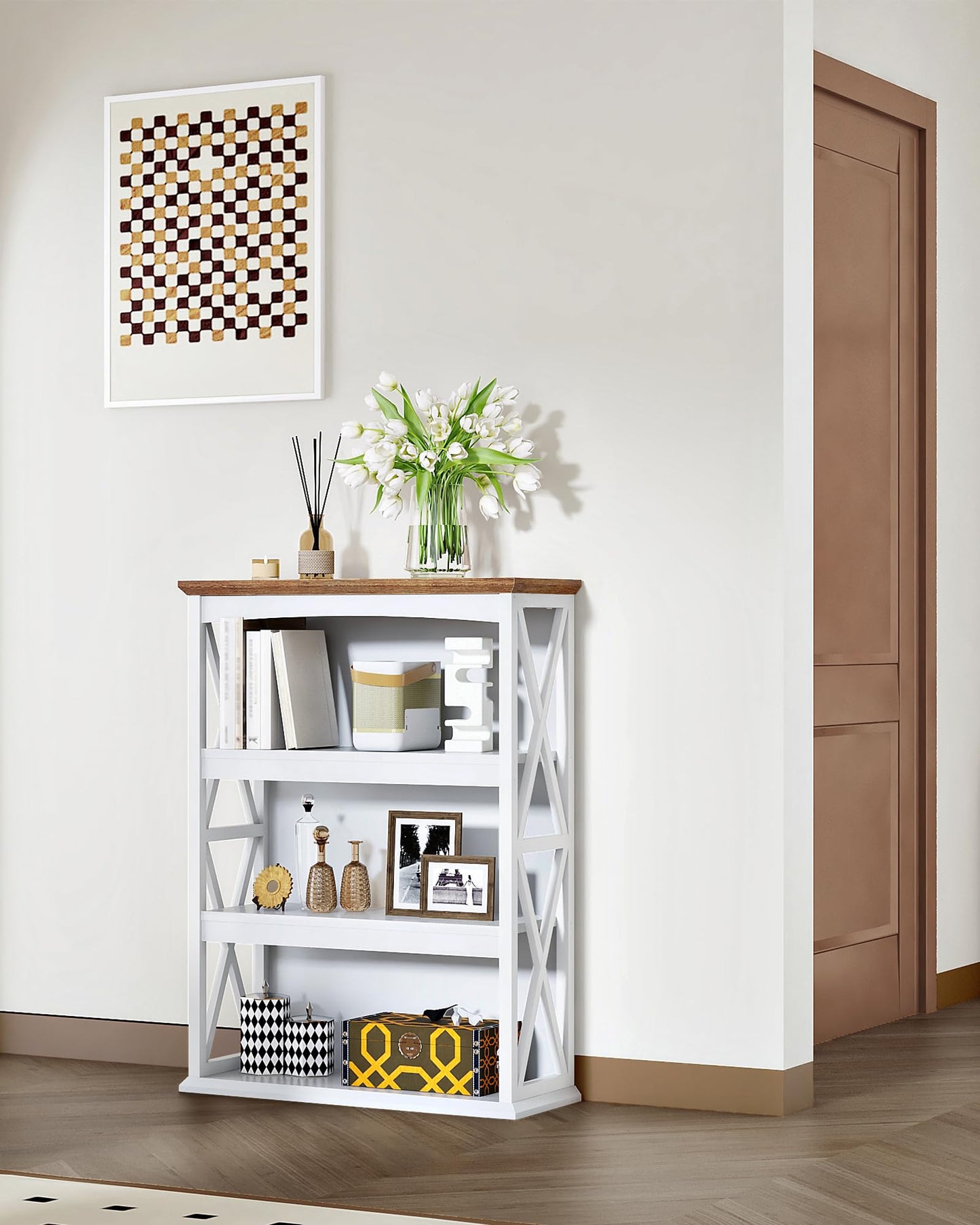 CHOEZON 4-Tier Bookcase, 42.9" Floor Standing Organizer Shelf, Corner Book Stand, Metal Frame, for Study, Bedroom, Living Room, White and Walnut TSJ01WL