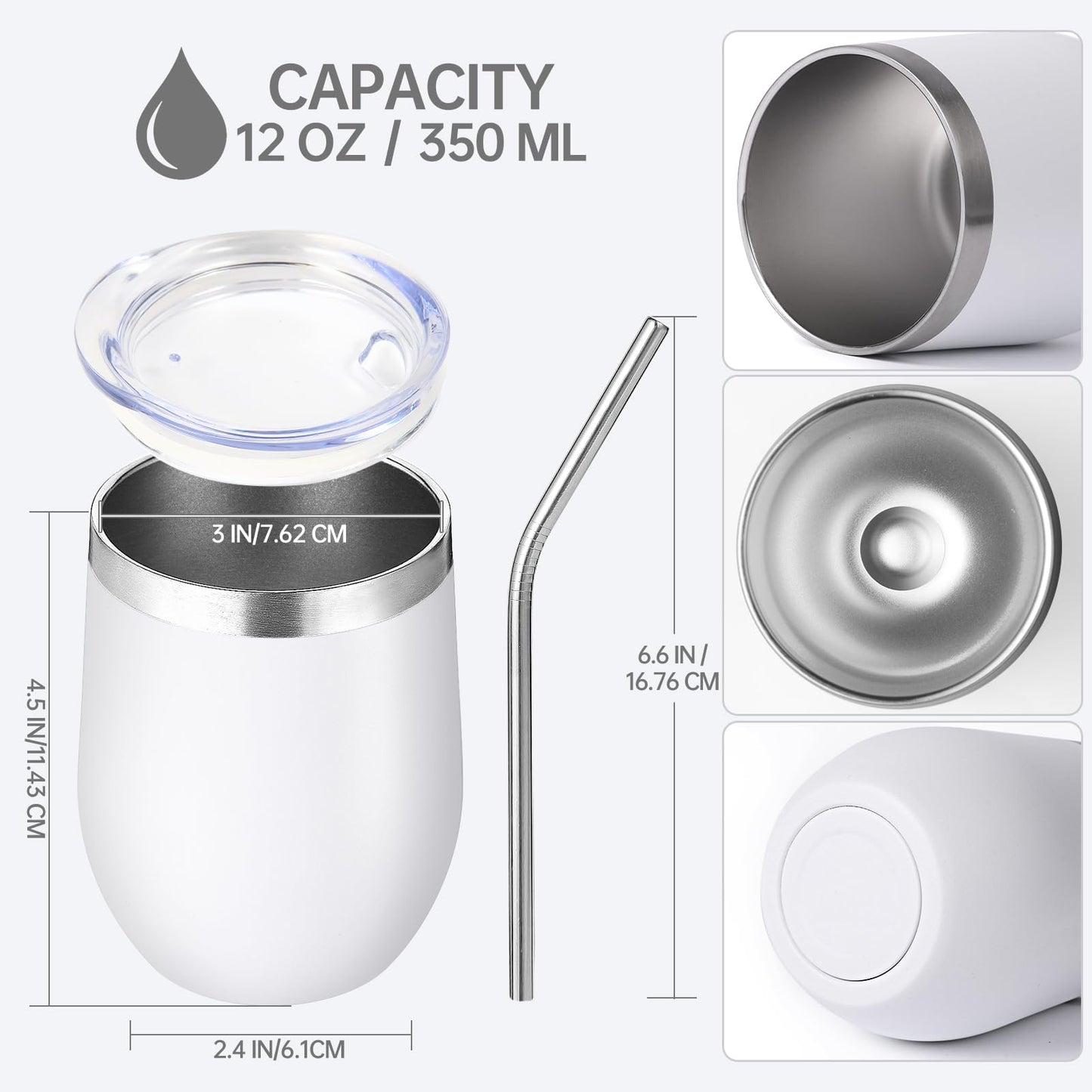 Volhoply 12oz Stainless Steel Wine Tumbler with Lid Bulk 24 Pack,Double Wall Vacuum Stemless Wine Glasses,Reusable Metal Travel Coffee Mug with Straw,Insulated Cups Gifts for Christmas（White,24 Set）