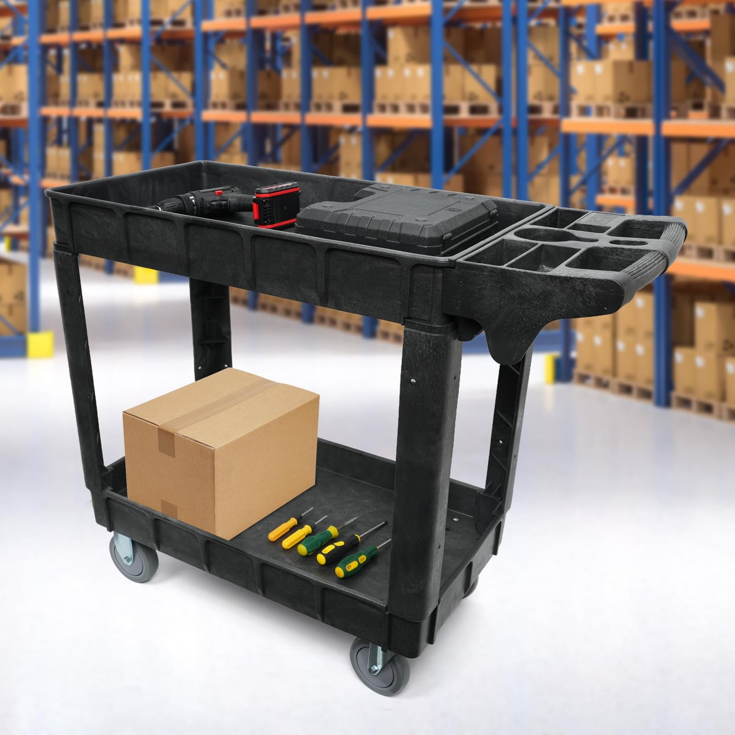 2-Shelf Rolling Utility Cart, Heavy-Duty Service and Tool Cart on Wheels, 40 x 17 Inch, 500 lb Load Capacity, Ideal for Garages, Warehouses, Church and Commercial Use