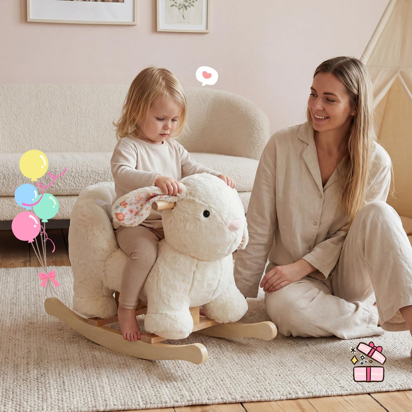 labebe Baby Rocking Horse, Plush Rabbit Animal Rocker, Wooden Rocking Horse with Seat Belt, Kid Ride On Toy for 12M+ Baby Girls, Nursery Birthday
