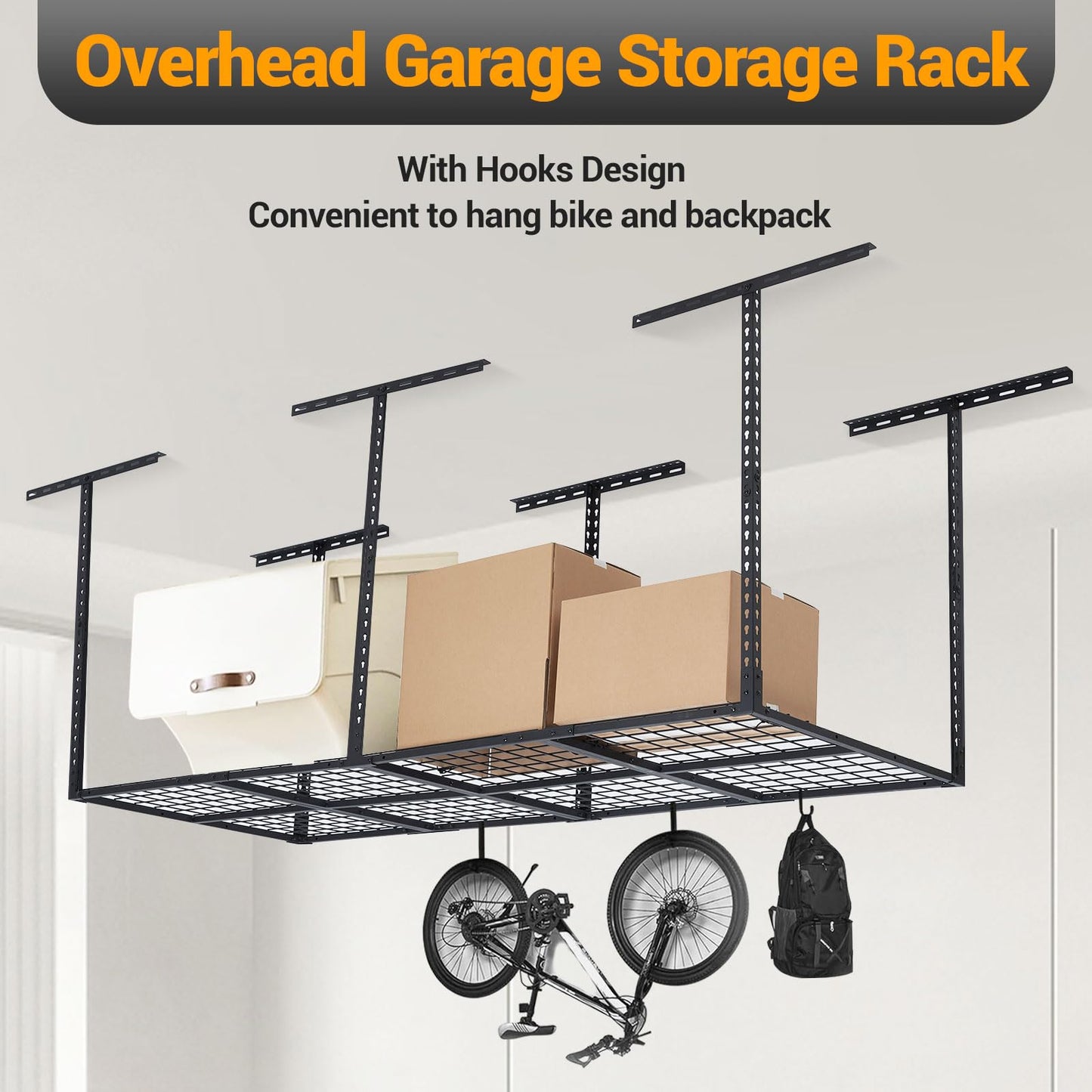 PeakPursuit 3x8FT Overhead Garage Storage Rack, 600LB Capacity Heavy Duty Ceiling Storage Racks, 22-40" Height Adjustable Metal Organizer System for Seasonal Items & Tools
