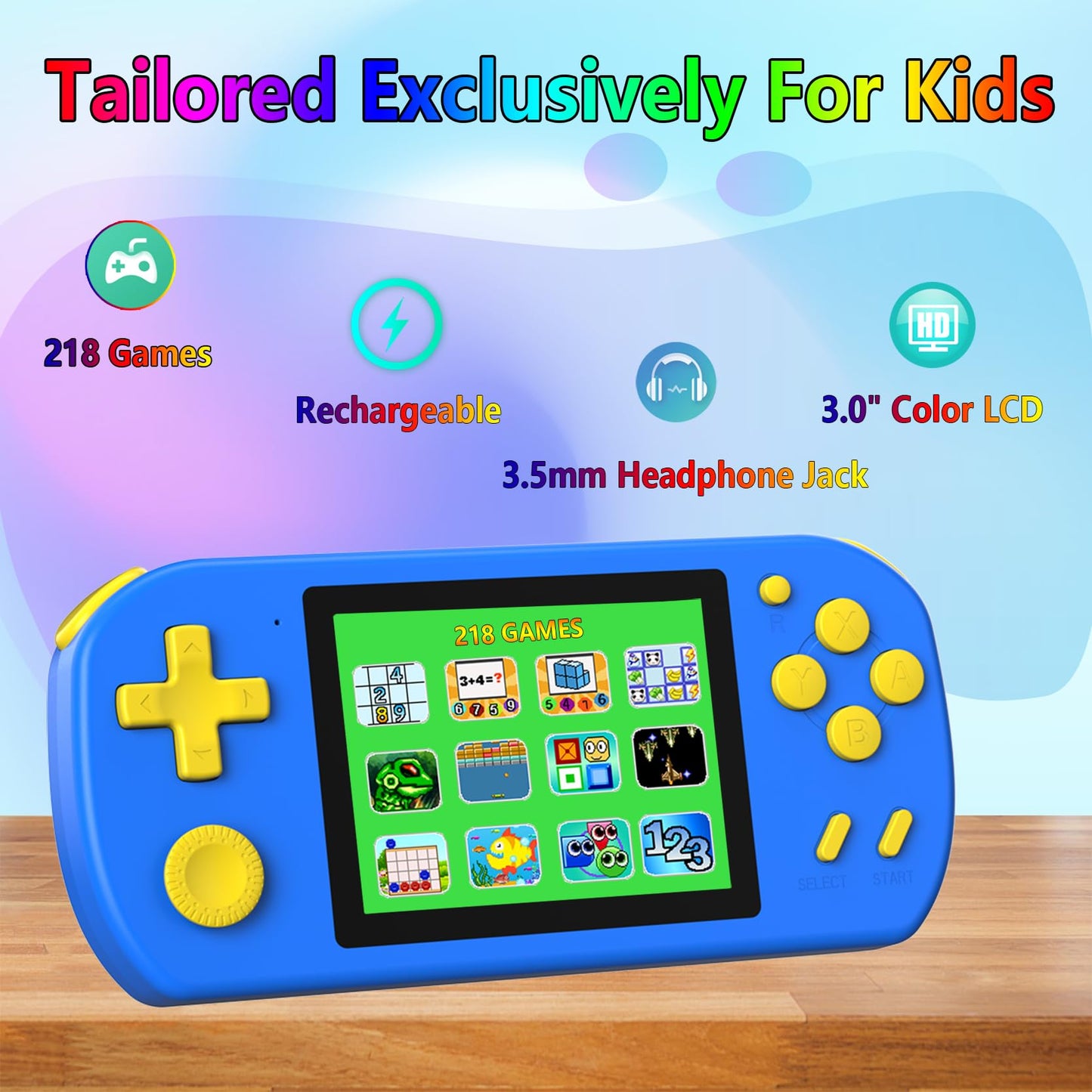 TEBIYOU Handheld Games for Kids Built-in 218 Video Games, Portable Kids Travel Toys for Ages 4-13 with Rechargeable Battery 3.0" HD Screen, Mini Gaming Player Birthday Gifts for Boys Girls (Blue)