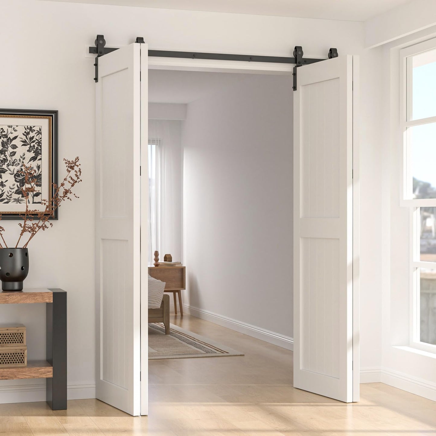 CCJH 8FT/96'' Bi-Folding Barn Door Hardware Sliding Track kit Heavy Duty for 4 Doors(No Wood Door，Hardwware Only)