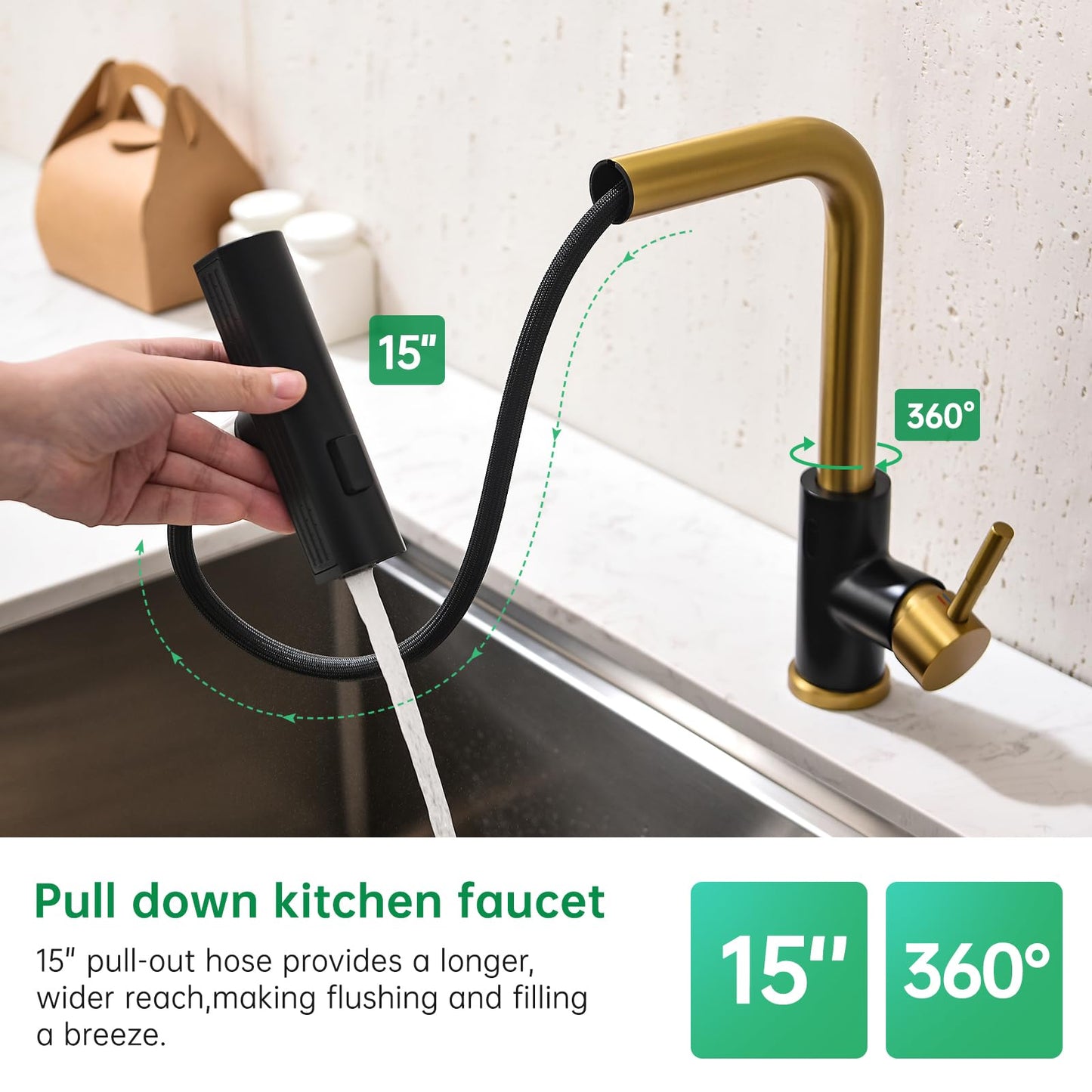 CENOSA Touchless Kitchen Faucet Motion Sensor Hands Free Single Handle Kitchen Sink Faucet with Pull Down Sprayer Black and Gold