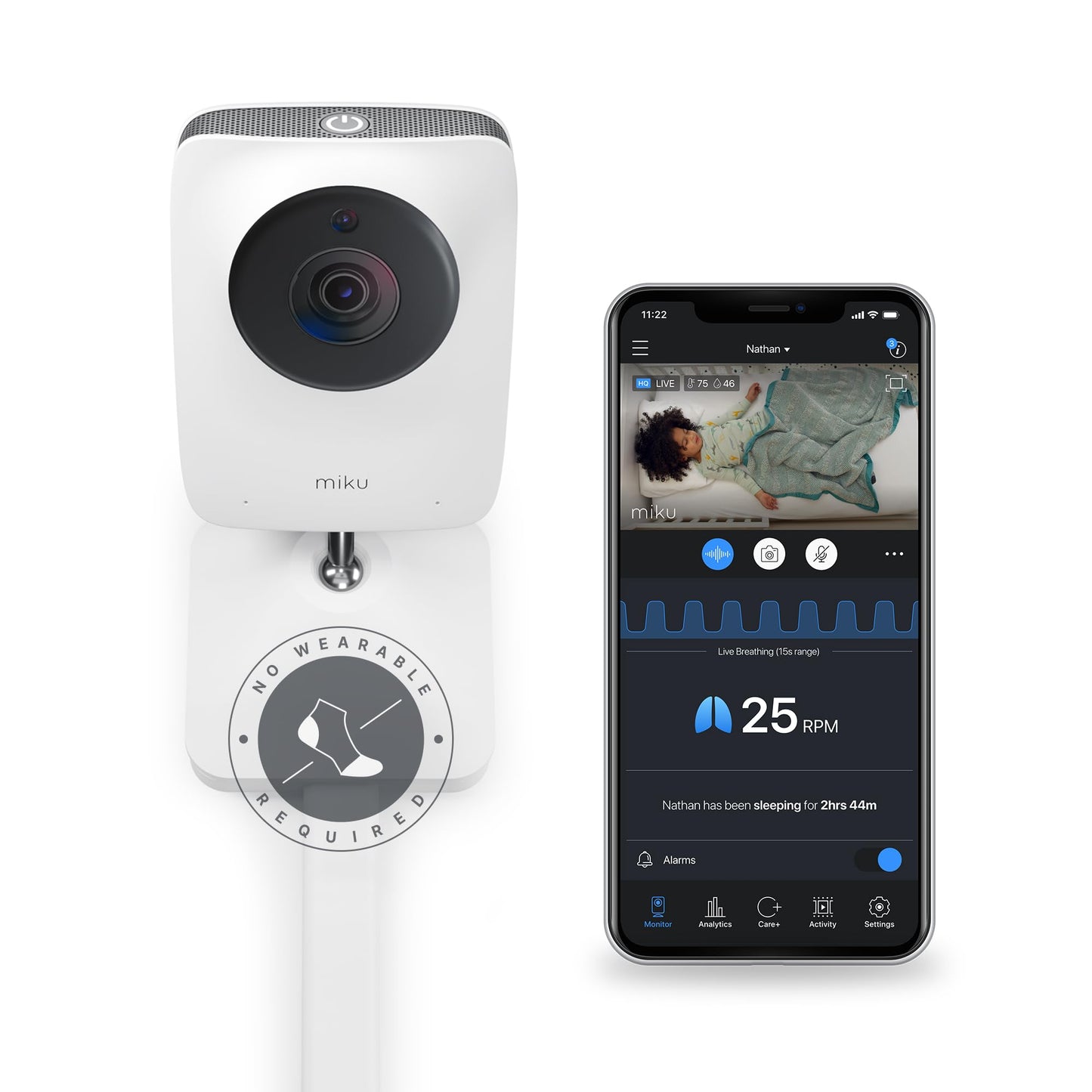 Miku Pro Smart Baby Monitor with Camera, Track Live Breathing with No Wearable, Real-Time Alerts, Sleep Analytics, 1080p Wi-Fi Video, Night Vision, and 2-Way Audio, Wall Mount Included