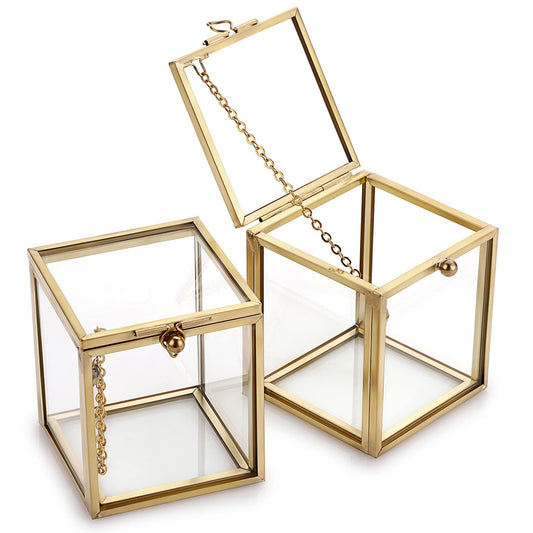 Hipiwe 2 Packs Vintage Glass Jewelry Organizer Box - Small Golden Metal Keepsake Box Desktop Jewelry Organizer Holder, Wedding Birthday Gift, Square Vanity Decorative Box for Dresser Bathroom