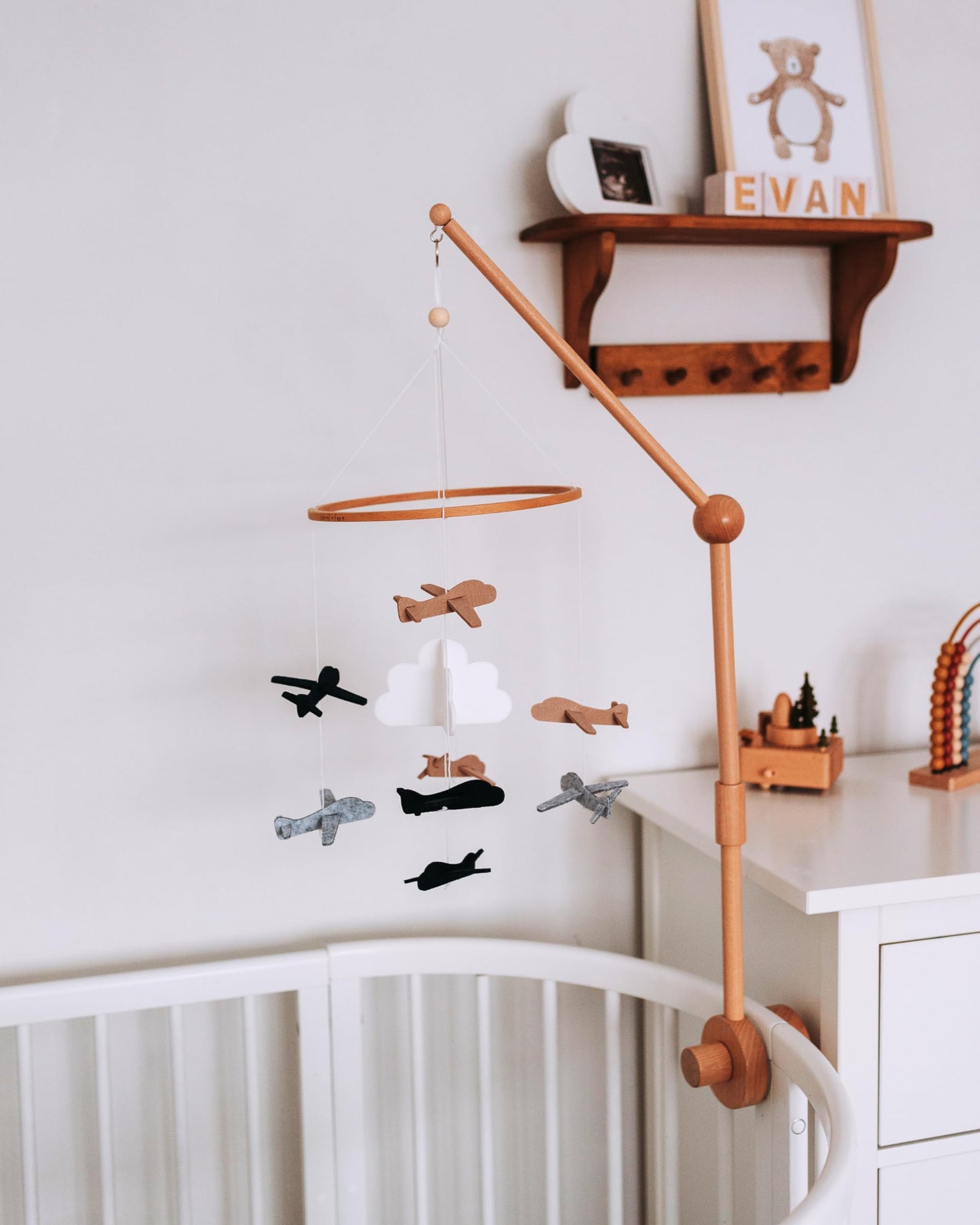 Baby Crib Mobile – Wooden Hanging Nursery Baby Mobile for Crib, Nursery Decor for Boys & Girls, Perfect Shower Gift (Airplanes in The Clouds, Grey and White) Also Fits Bassinets, Sorrel + Fern
