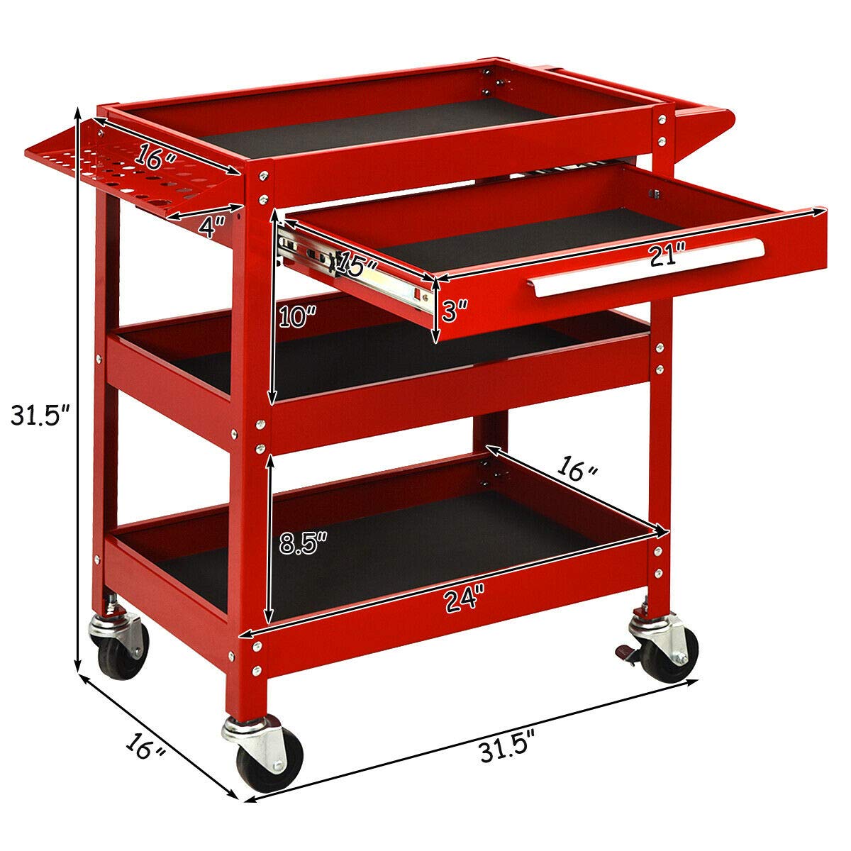 Goplus 3 Tier Rolling Tool Cart, 330 LBS Capacity Heavy Duty Utility Cart Tool Organizer with Storage Drawer, Industrial Commercial Service Tool Cart for Mechanics, Garage, Warehouse & Repair Shop