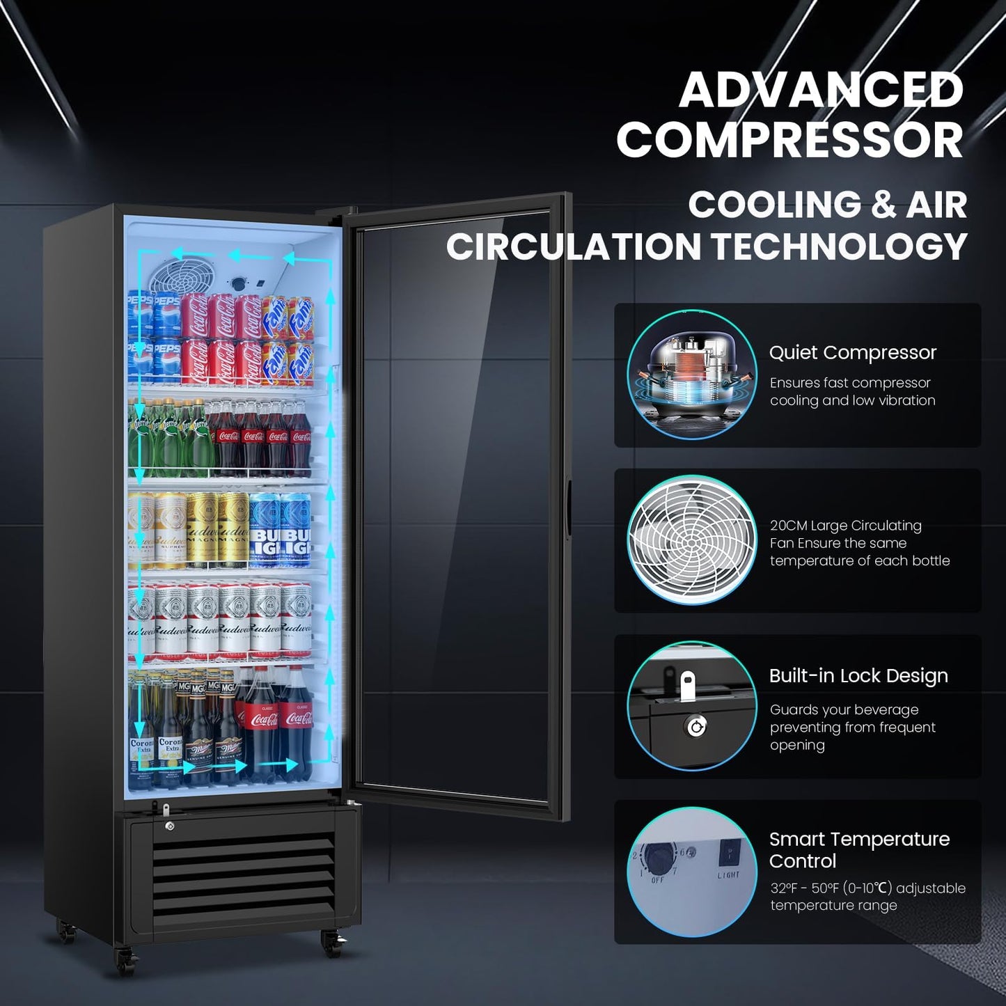 Mojgar 11 Cu Ft Commercial Refrigerators Single Door,Glass Door Merchandiser Display Beverage Fridge with Built-in LED Light,1.64kwh/24h Retail Cooler for Shop,Restaurant,Apartment,etc