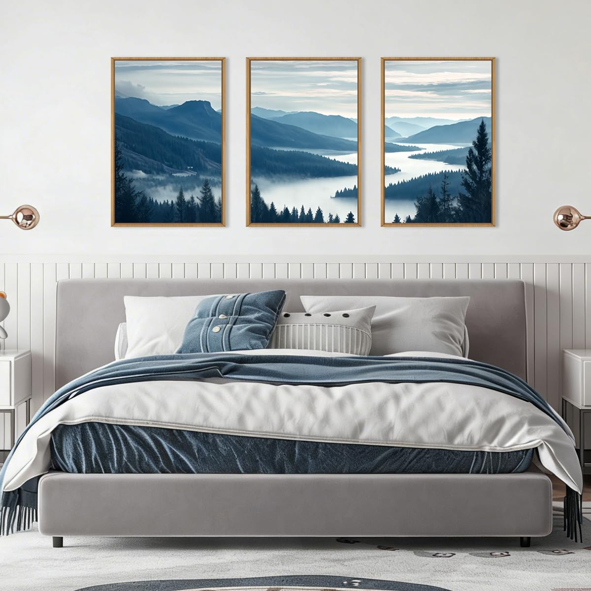 Aurlan Large Pine Tree Mountain River Framed Canvas Wall Art Set,Misty Blue Grey Forest Landscape Wall Decor,Modern Foggy Woodland Lake Artwork for Living Room,Bedroom,office-24 x36 x3