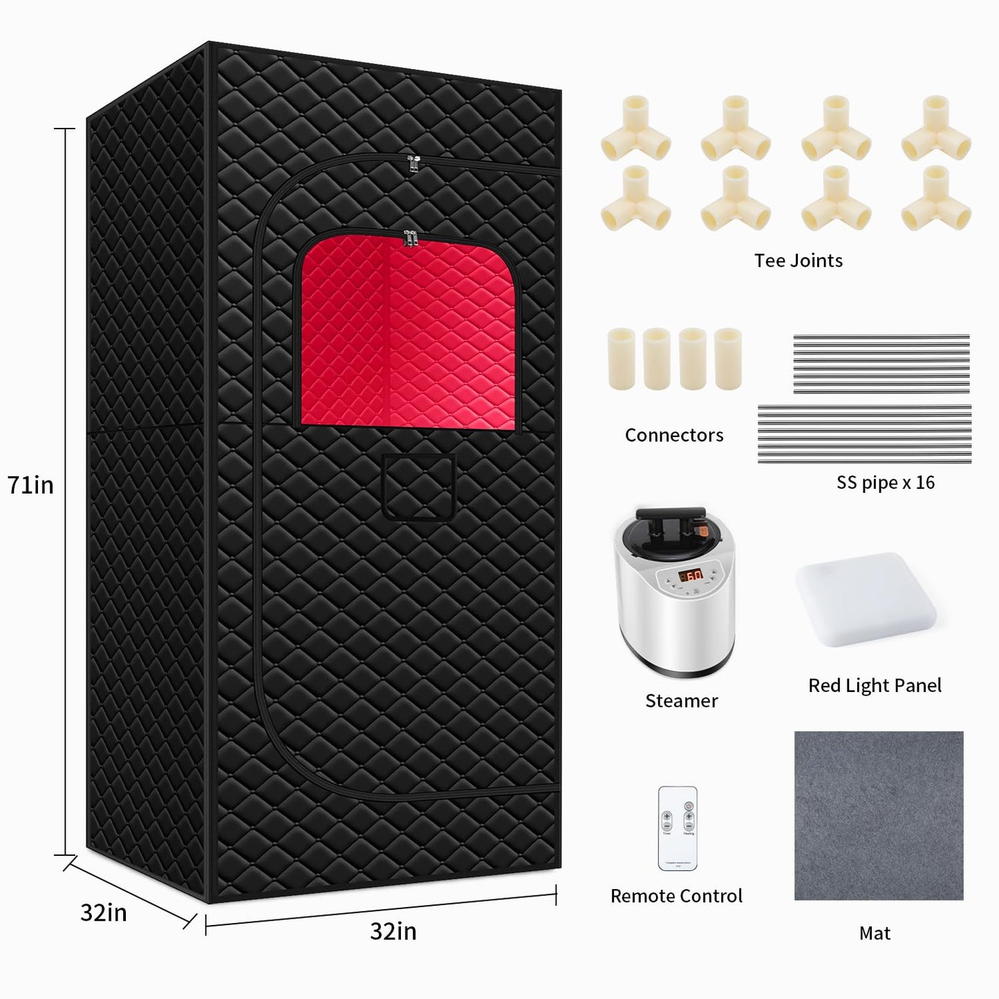 Sauna Box Red Light Theraphy - Portable Sauna for Home with 15 Levels Fast Heating, 3L/1200W Steamer and Non-Slip Mat, Remote Control for Body Relaxation, Steam Sauna for Indoor Use, 32" x 32" x 71"