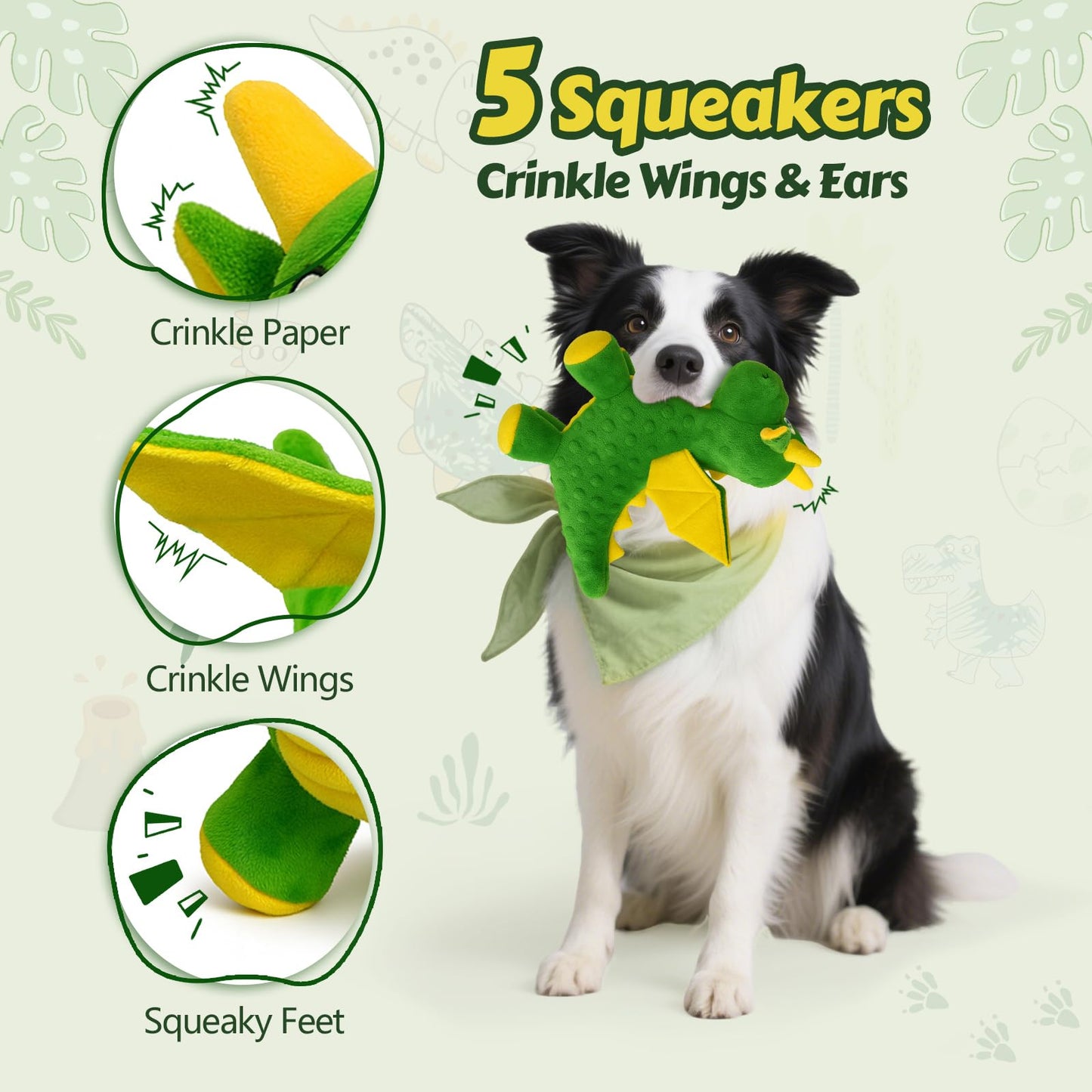 BBeary Squeaky Dog Toys - Soft Plush Dragon Dog Toy with 5 Squeakers & Crinkle Paper, Dog Toys for Small, Medium and Large Dogs to Keep Them Busy (Green,10")