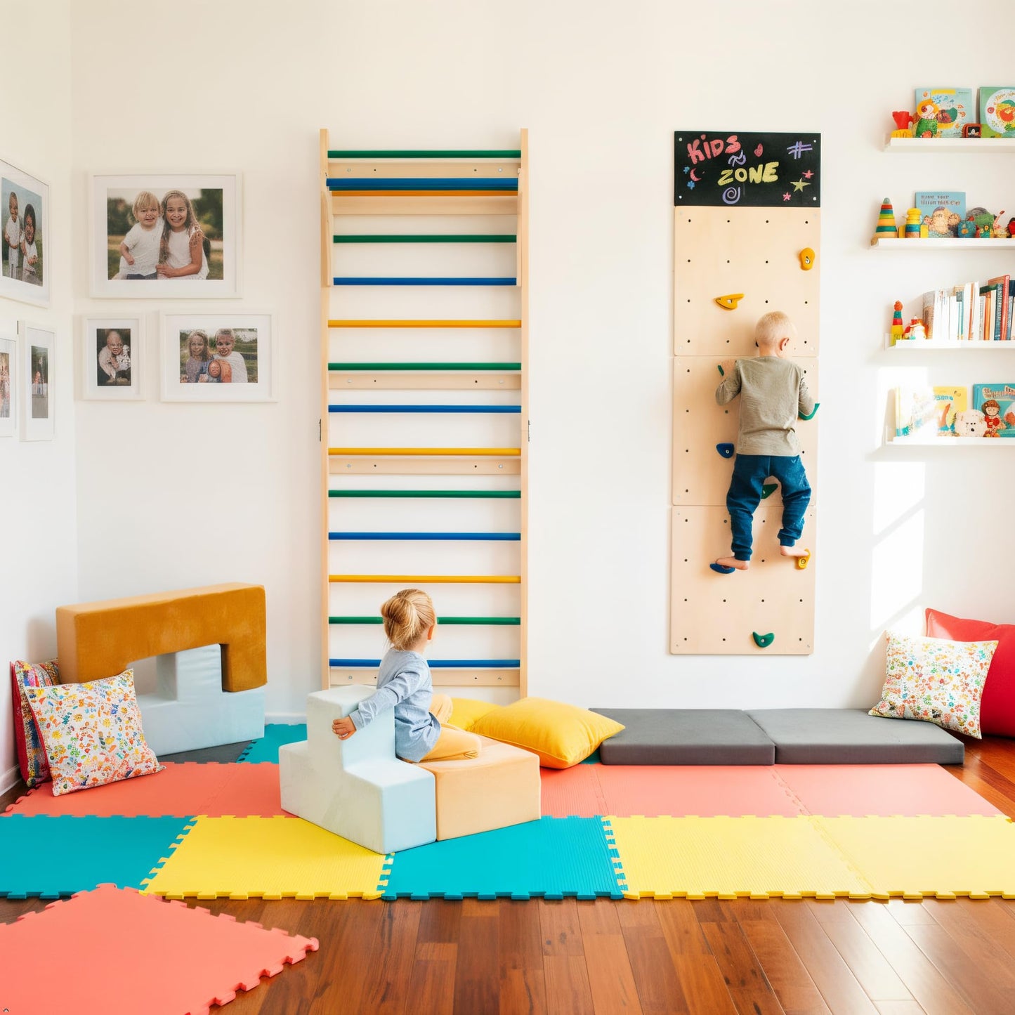 ComfyBumpy Swedish Ladder & Climbing Wall Jungle Gym for Kids, Wall-Mounted Indoor Climbing System (2-Piece Set)