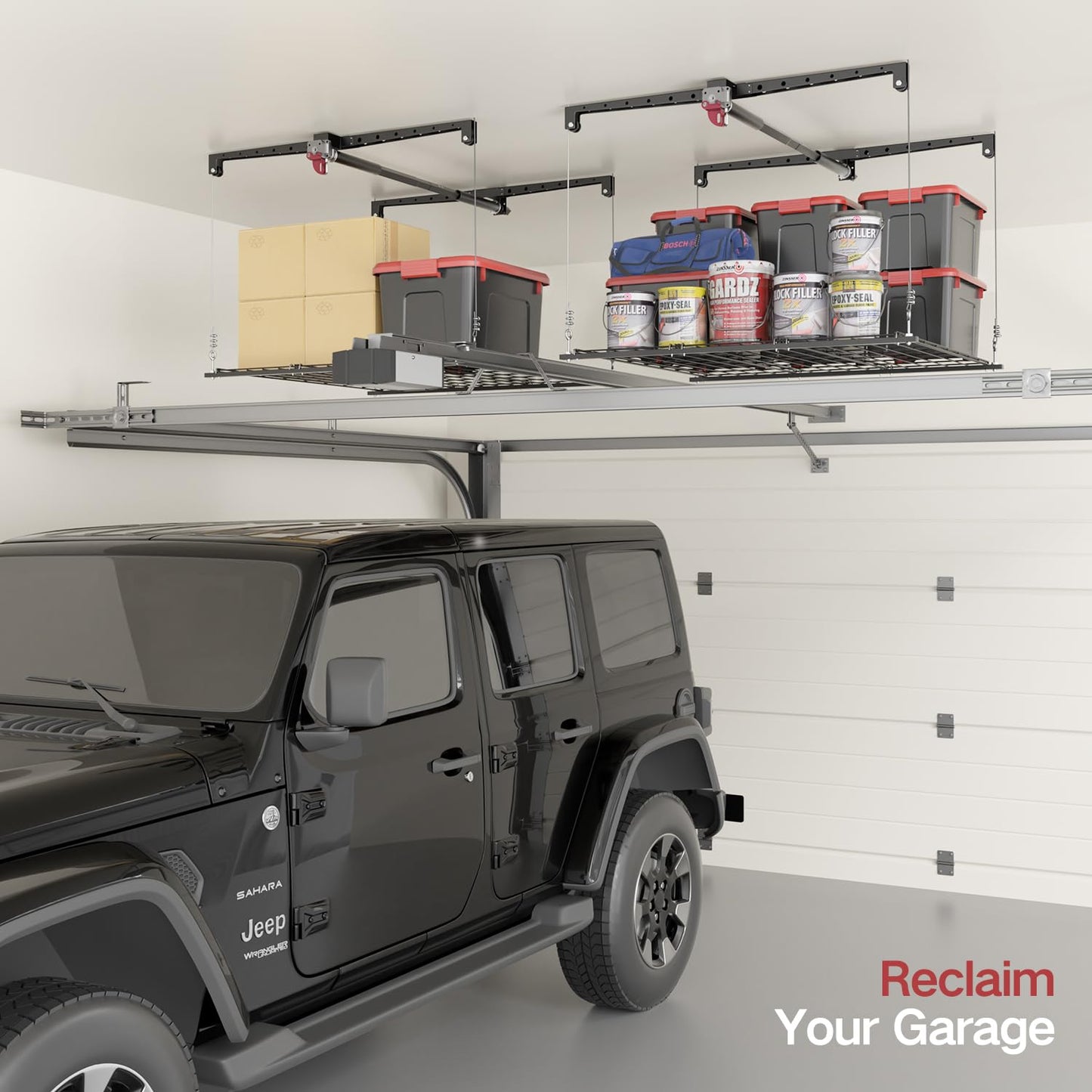 KOKORACKER Overhead Garage Storage Lift, Heavy-duty 4x4 Ft Garage Ceiling Storage Racks with Safety Lock, Ideal for Ceiling Storage Lifting Organization System, 250lbs Capacity