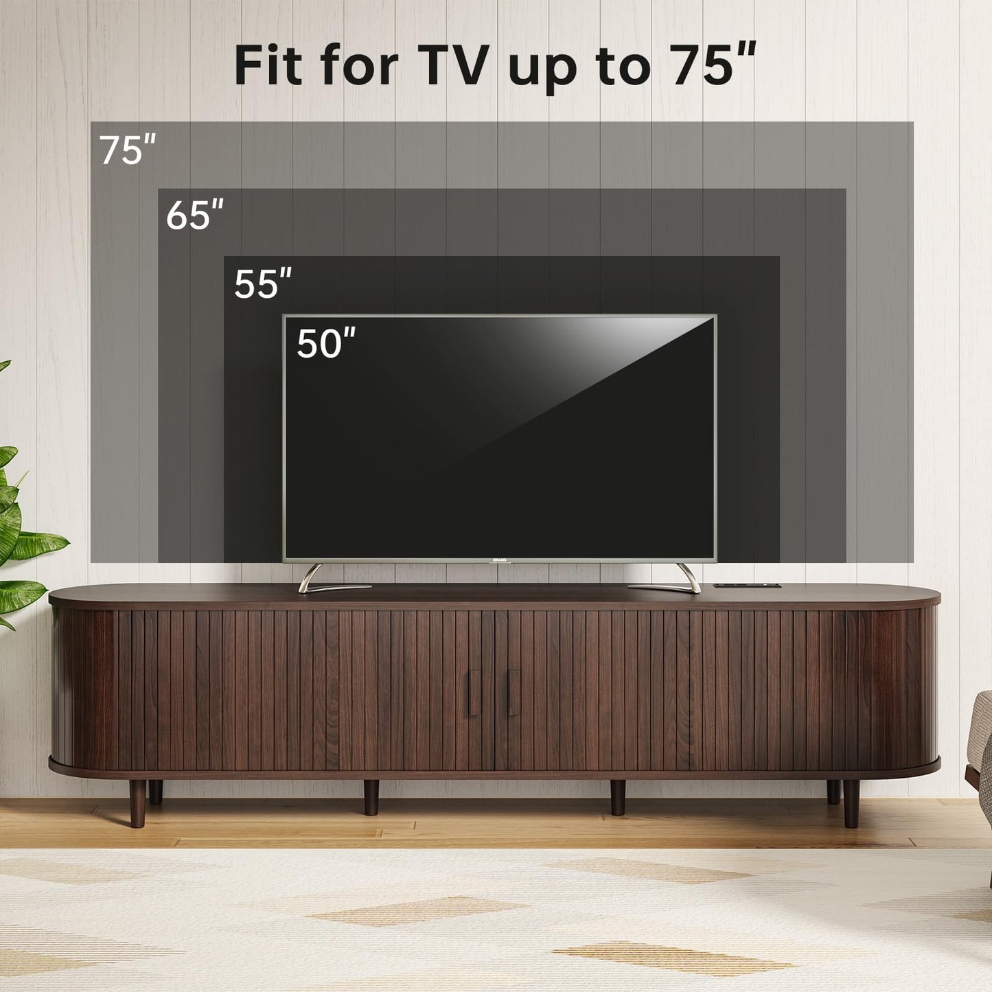 OneBlis 70" Mid Century Modern TV Stand, Wood TV Consoles with Sliding Doors and Power Outlet, Entertainment Center with Adjustable Shelves, Fluted TV Stands for Living Room, Walnut