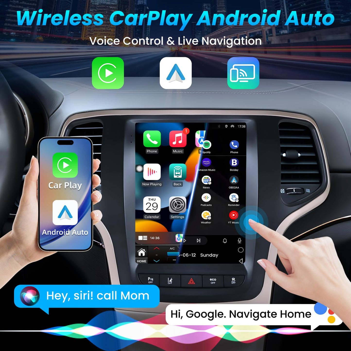 8Core Car Radio for Jeep Grand Cherokee 2014 2015 2016 2017: Tesla Style Touch Screen Stereo Replacement with Carplay Android Auto，5GWiFi BT5.0 FM/AM 36EQ Split Screen GPS 1080PBackup Camera SWC