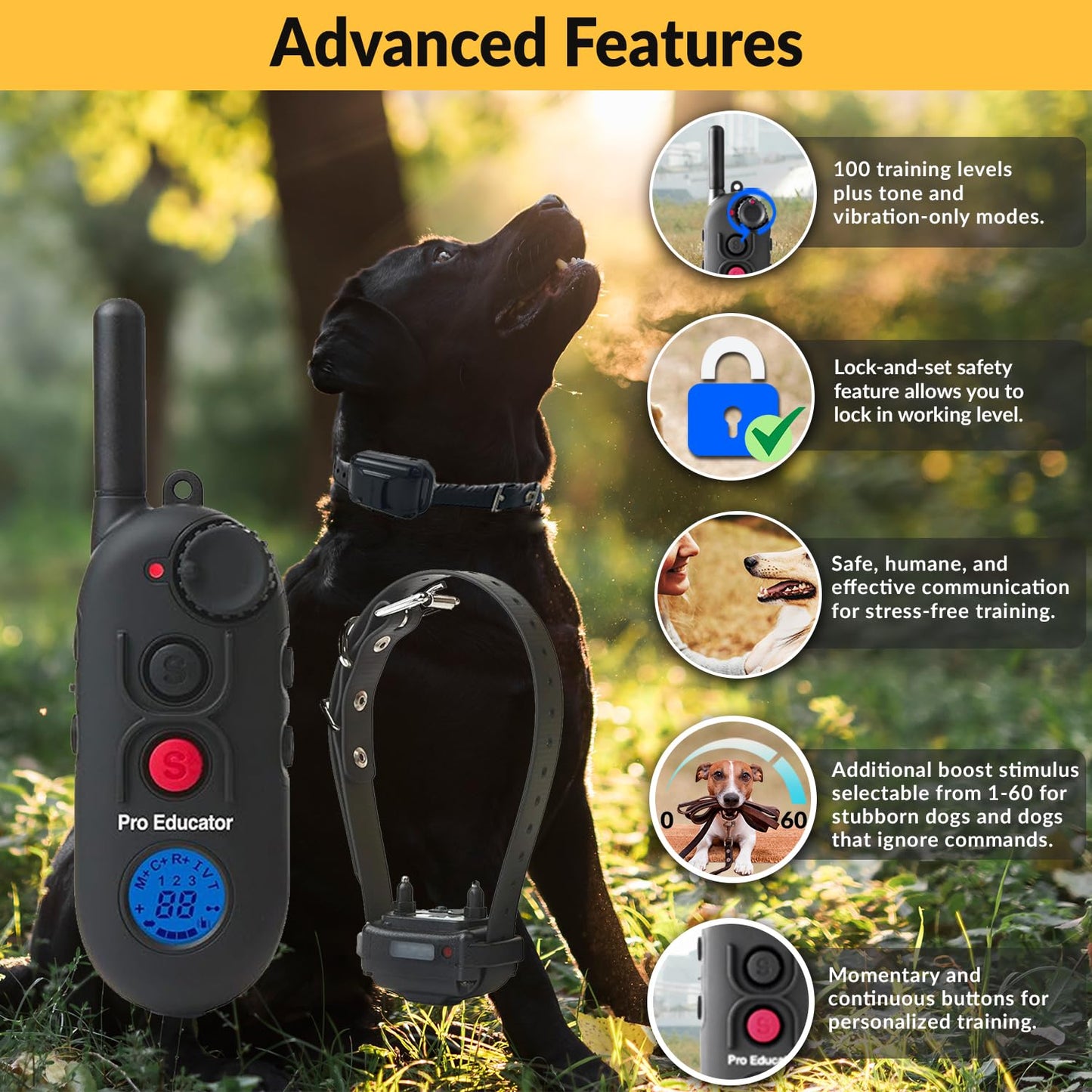 Educator Pro 1/2 Mile Dog Training Collar with Ergonomic Remote, Safe Humane Vibration Stimulation, Pavlovian Tone, Waterproof, Odorproof Biothane Collar, Night Light, Rechargeable, 1 Dog, Black