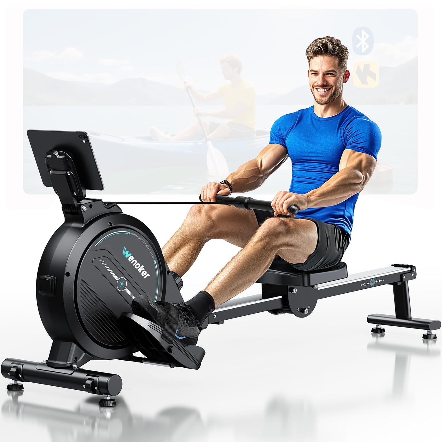 Rowing Machine,Wenoker Magnetic Rower Machine for Home,350 LB Weight Capacity, 16 Levels of Workout Resistance,Smooth Whisper Quiet with LCD Monitor Tablet Holder & Comfortable Seat Cushion,Blue