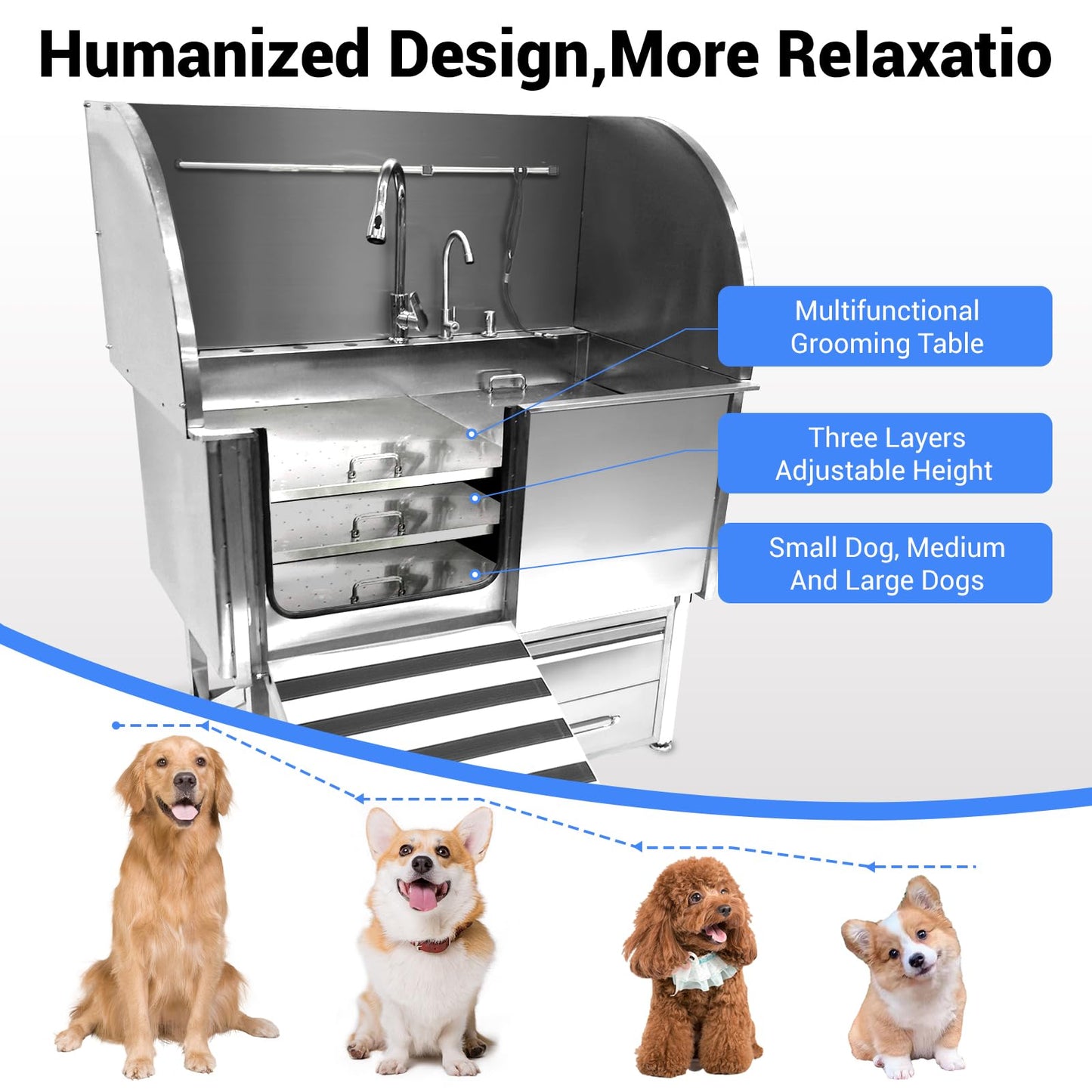 Towallmark Professional Stainless Steel Dog Bathing Tub - Dog Grooming Tub w/Ramp, Moveable Storage Drawer, Floor Grate & Faucet/Dog Bathtub for Large, Medium & Small Pets (50", Right Ramp)