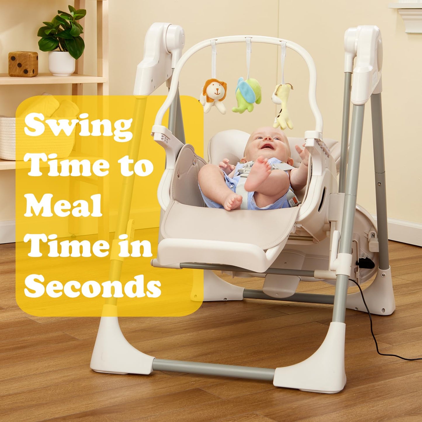 PrimoBaby SnuggleBug 2-in-1 Infant Swing & High Chair, Adjustable Seat Recline, Height, & Feeding Tray, App Control, Music & Nature Sounds, Toy Bar, Ergonomic Cushion, 5 Point Safety Harness