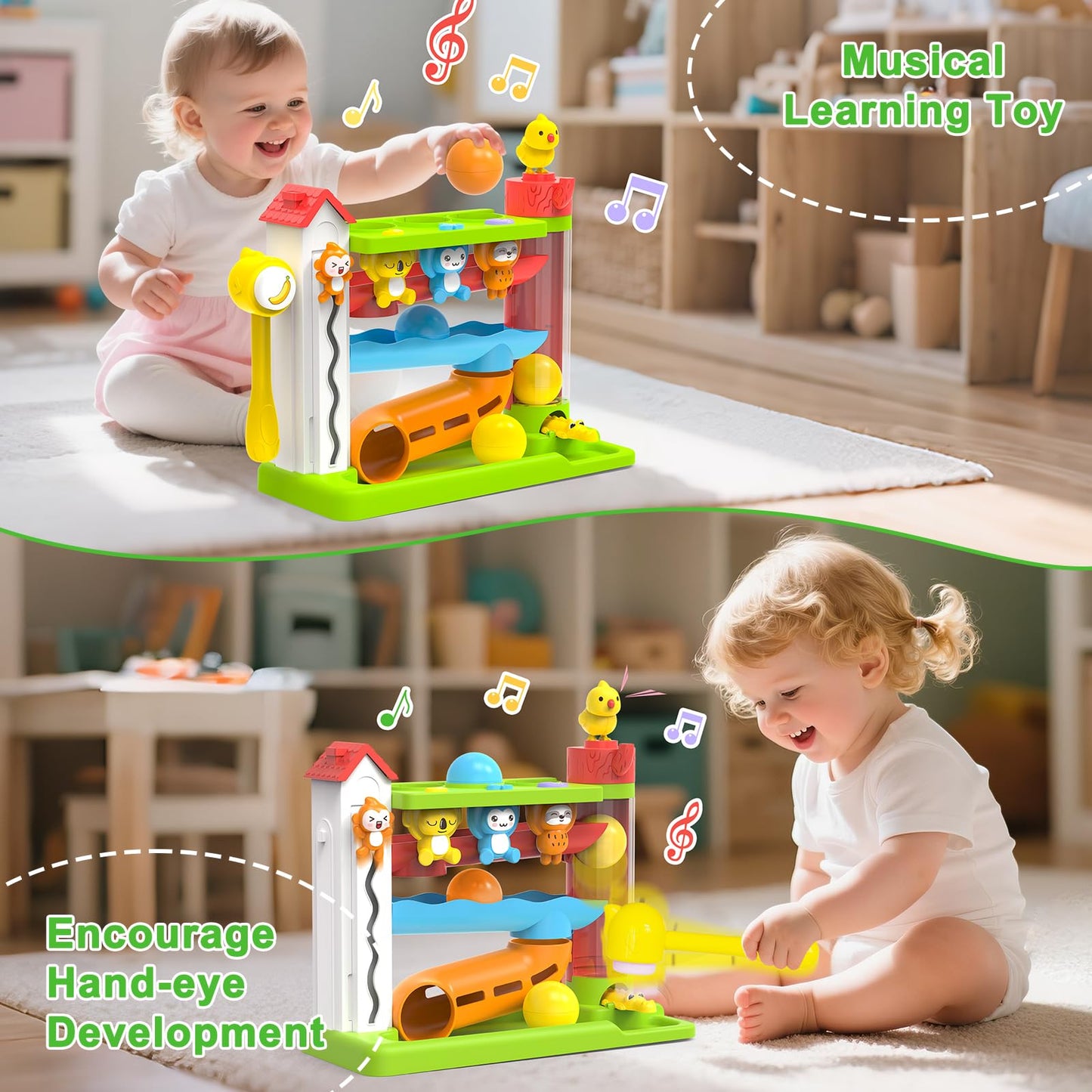 Ussybaby Toddler Musical Toys for 1+ Years Old Boy,Motor Skills Developmental Baby Toy 12-18 Months,Bilingual Toddler Learning Ball Drop Toy， Birthday Gift Toys for 1 2 Year Old Boys & Girls(Green)