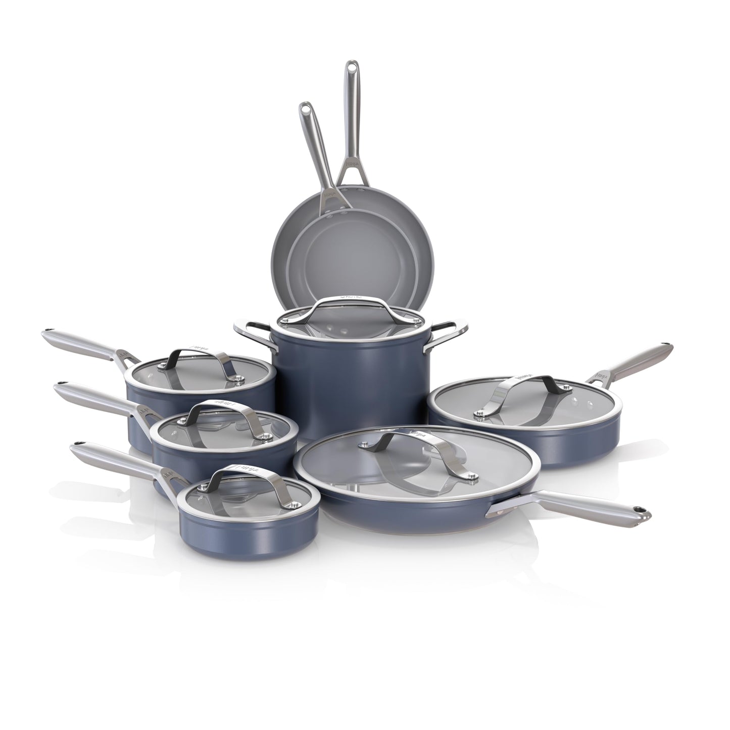 Ninja Ceramic Pro 14-Piece Cookware Set, Non-Stick Pots & Pans Set with Glass Lids, Nontoxic, PTFE Free, Ceramic Coated, Oven Safe, All Stovetops & Induction Compatible, Midnight Blue, CW39014MM