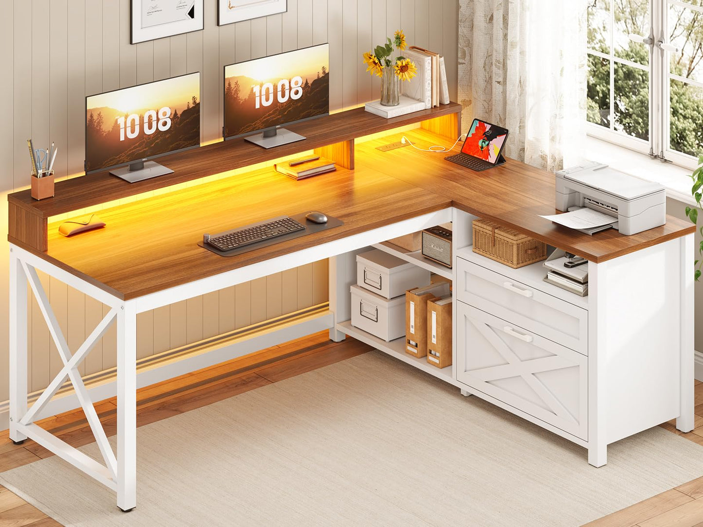 SEDETA Farmhouse L Shaped Desk, 55" Home Office Desk with Drawers and Storage Shelves, L Shaped Gaming Desk with LED Lights, Power Outlet and Monitor Shelf, Brown