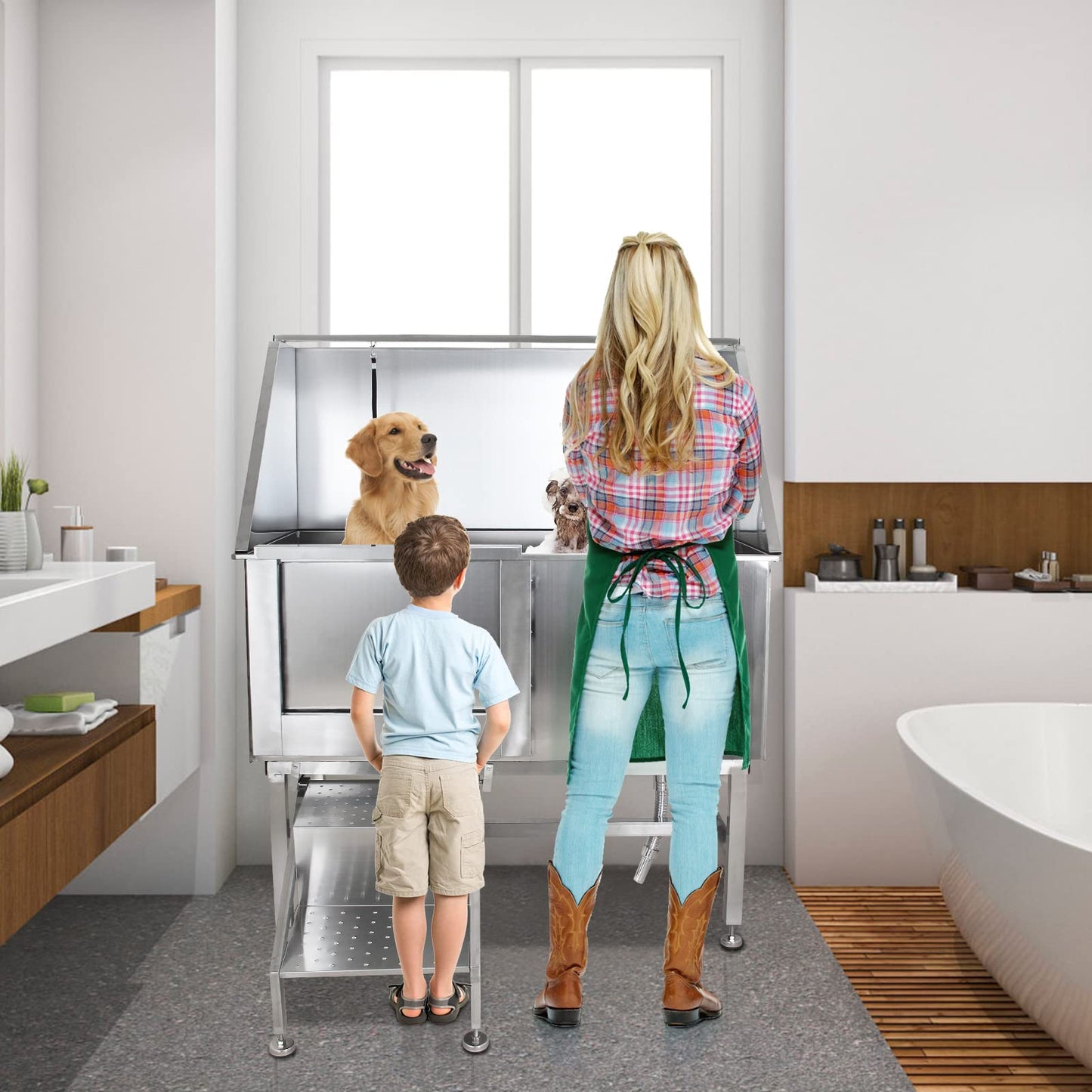 CHEINAUTO 50" Pet Dog Grooming Tub, Stainless Steel Dog Bath Tub Professional Wash Station for Large Dog with Steps Faucet & Accessories, Left Door