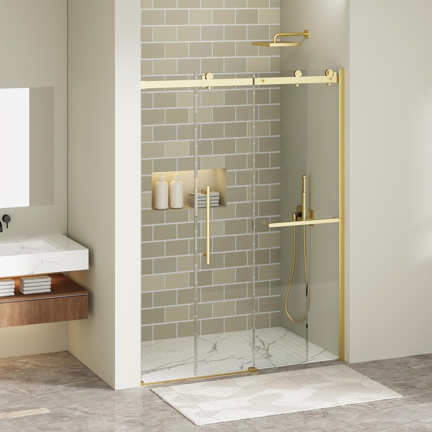 Findepot 56-60" W x 75" H Frameless Sliding Shower Door, Shower Glass Door with 1/4" Thick Tempered Glass, Explosion-Proof Film, Easy to Clean, Brushed Gold