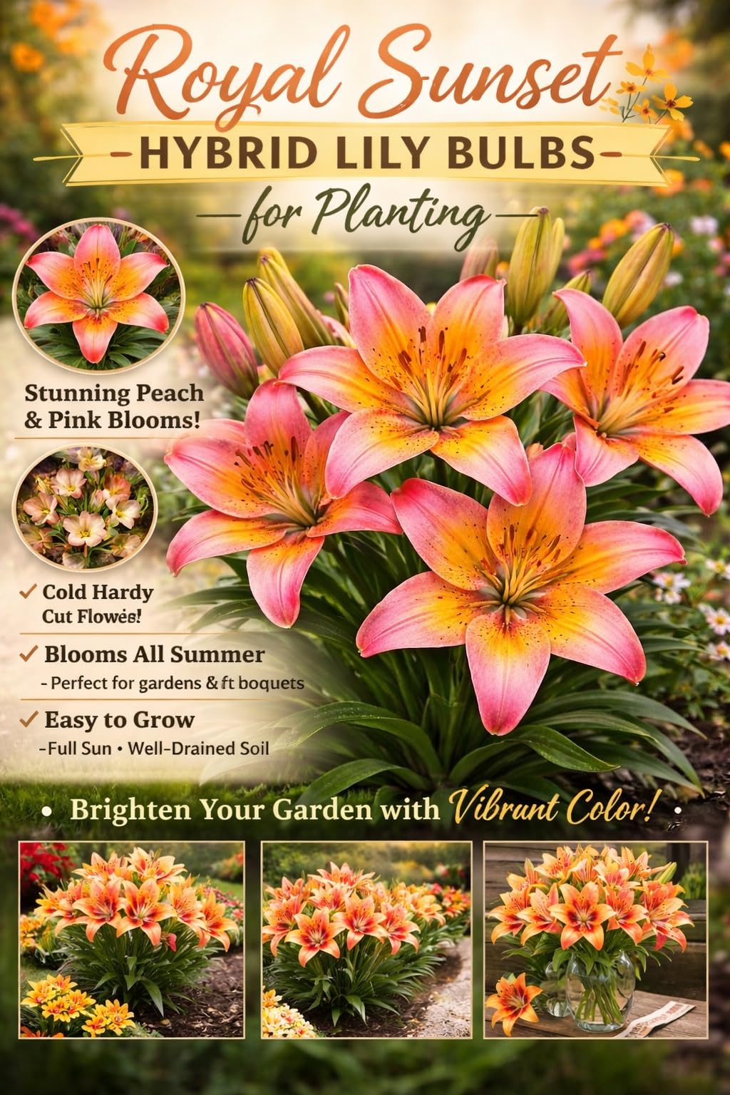 Royal Sunset Hybrid Lily Bulbs for Planting – Peach & Golden Yellow Asiatic Lilies – Hardy Perennial Summer Flowers – Easy to Grow (10 Bulbs)