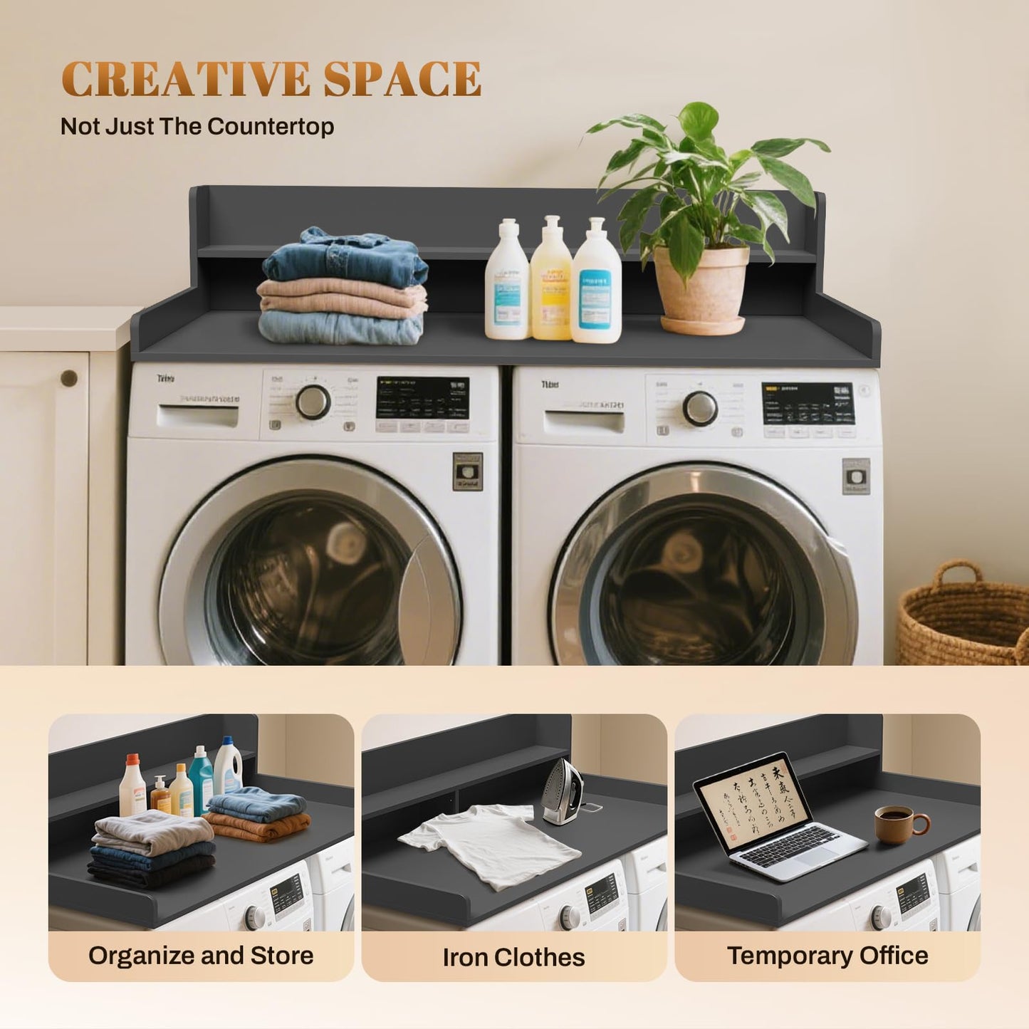GCCSJ 2-Tier Washer Dryer Countertop, 54" Width x 27.5" Depth Wood Shelf Topper with Edge & Non-Slip Pads for Laundry Room Organization Storage & Clothes Folding, Black