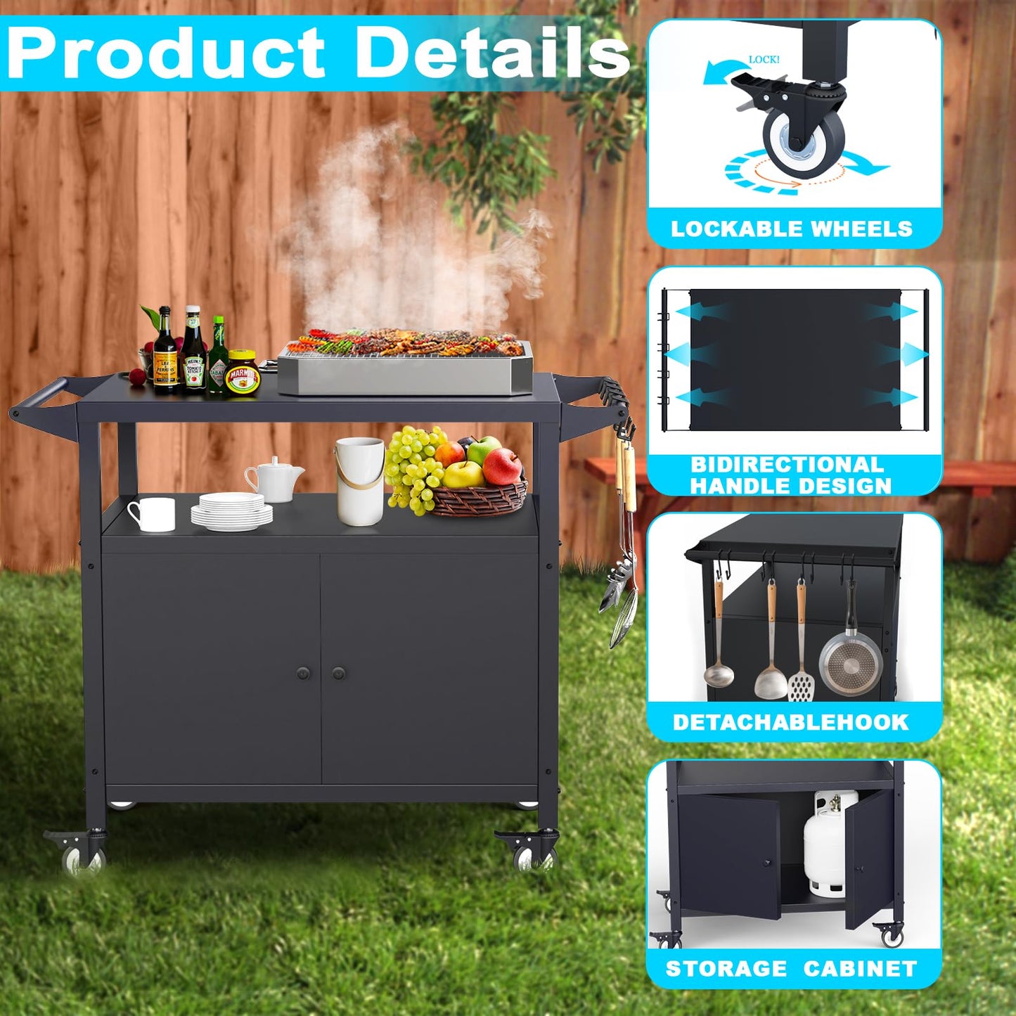 SEUNSHANY Outdoor Grill Table with Storage, Movable Grill Cart, Outdoor Kitchen Island Prep Stand Station,Blackstone Griddle Stand, BBQ Serving Cart Rolling Bar Cart with 4 Utensil Hooks 1