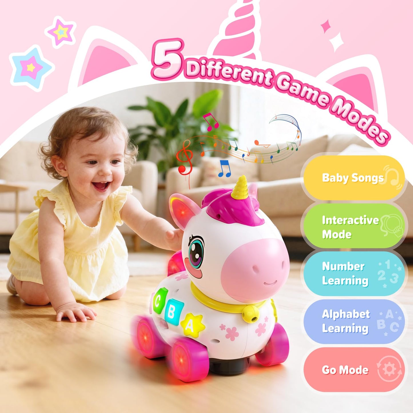 Bilingual Musical Crawling Toy for 1 Year Old Girl Gifts,Musical Unicorn Toys for Baby 6-12 Months,Baby Toys 6-12-18 Months,Toddler Educational Toy,Birthday Gifts with Music Light,Baby