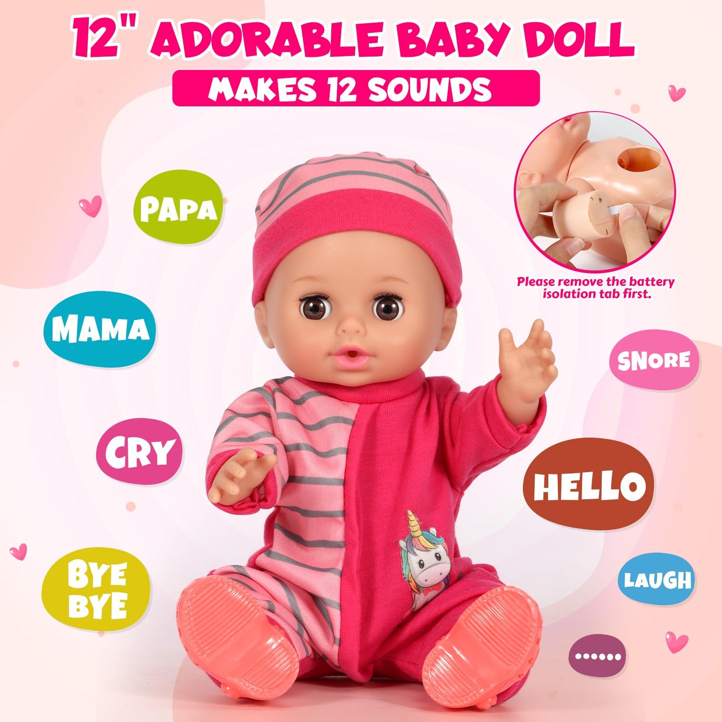DRAMATION 12'' Interactive Baby Doll Set with Crib and High Chair, 32 PCS Baby Doll Toys Speaking 12 Sounds with Baby Doll Accessories, Doll Playset for Toddler Girl Toys Gifts 3 4 5 Years Old